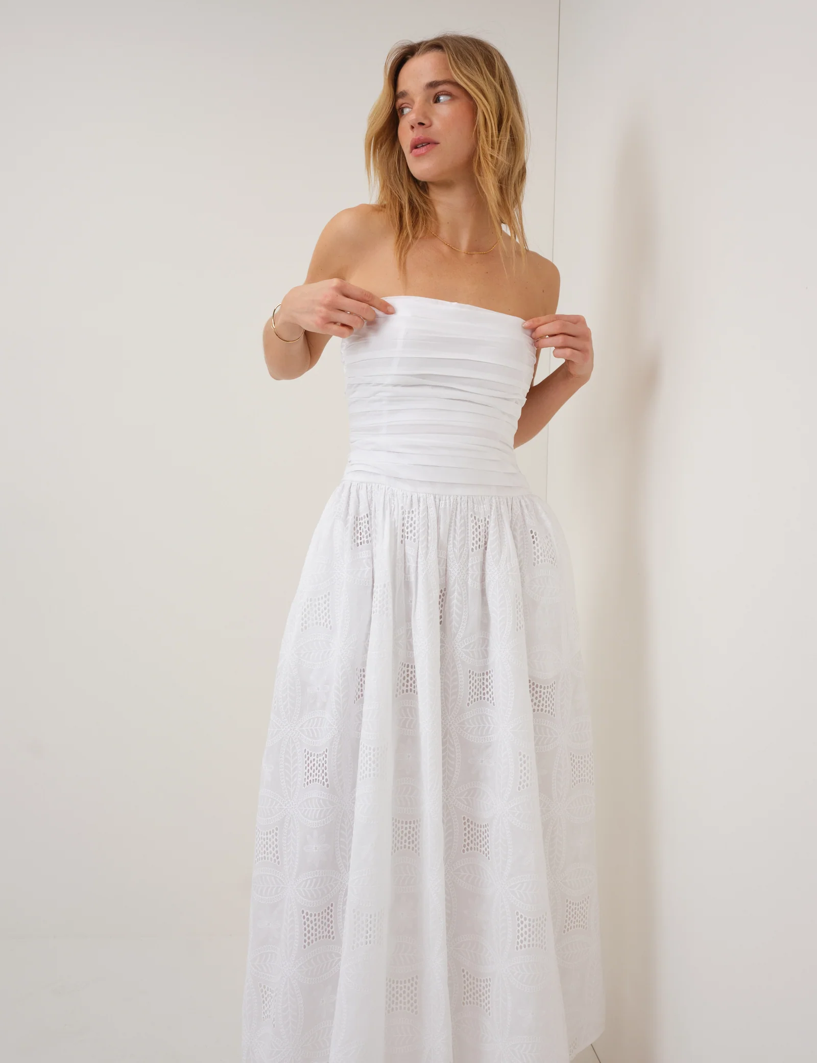 White Embriodered Bandeau Ariella Drop Waist Midi Dress - Image 3