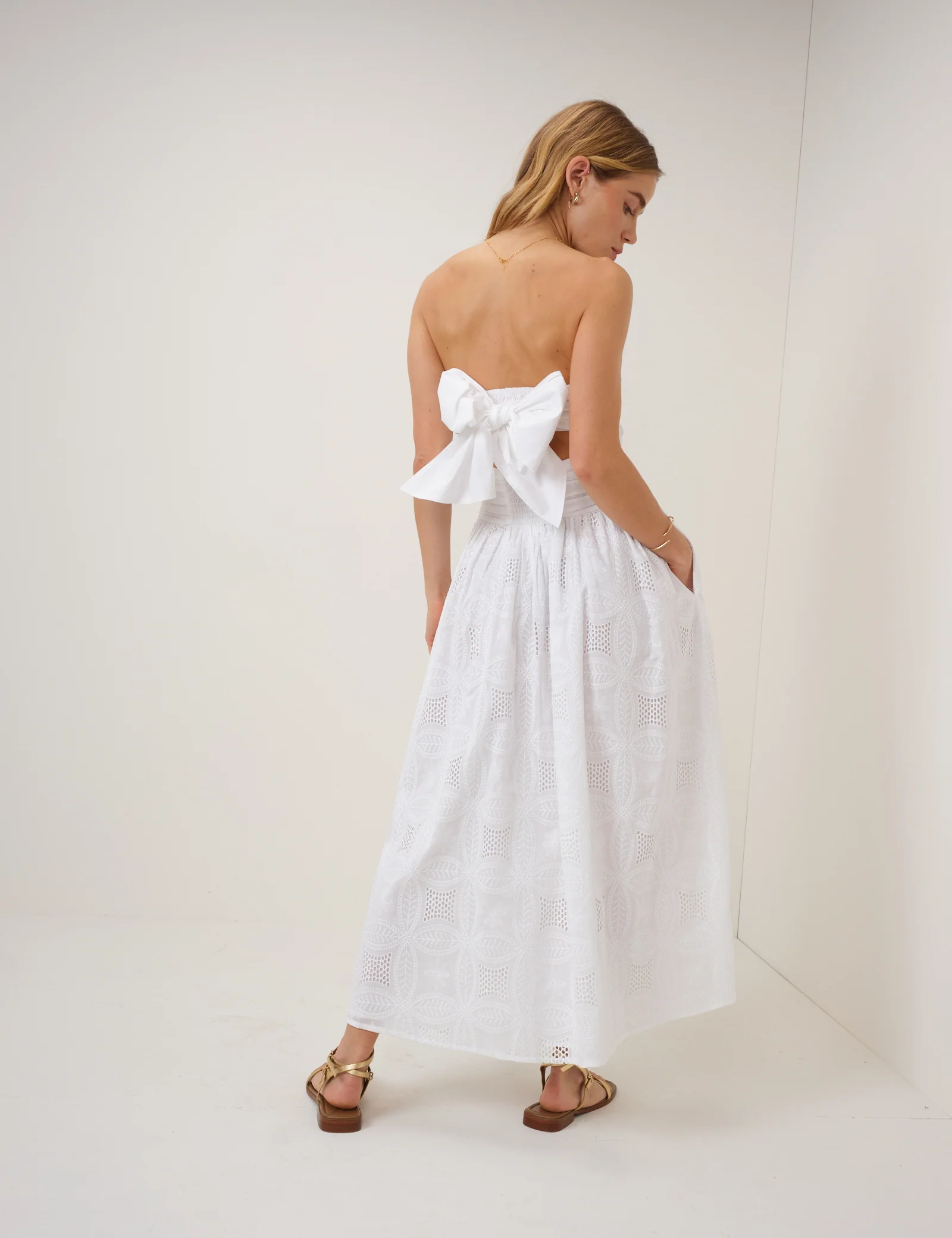 White Embriodered Bandeau Ariella Drop Waist Midi Dress - Image 4