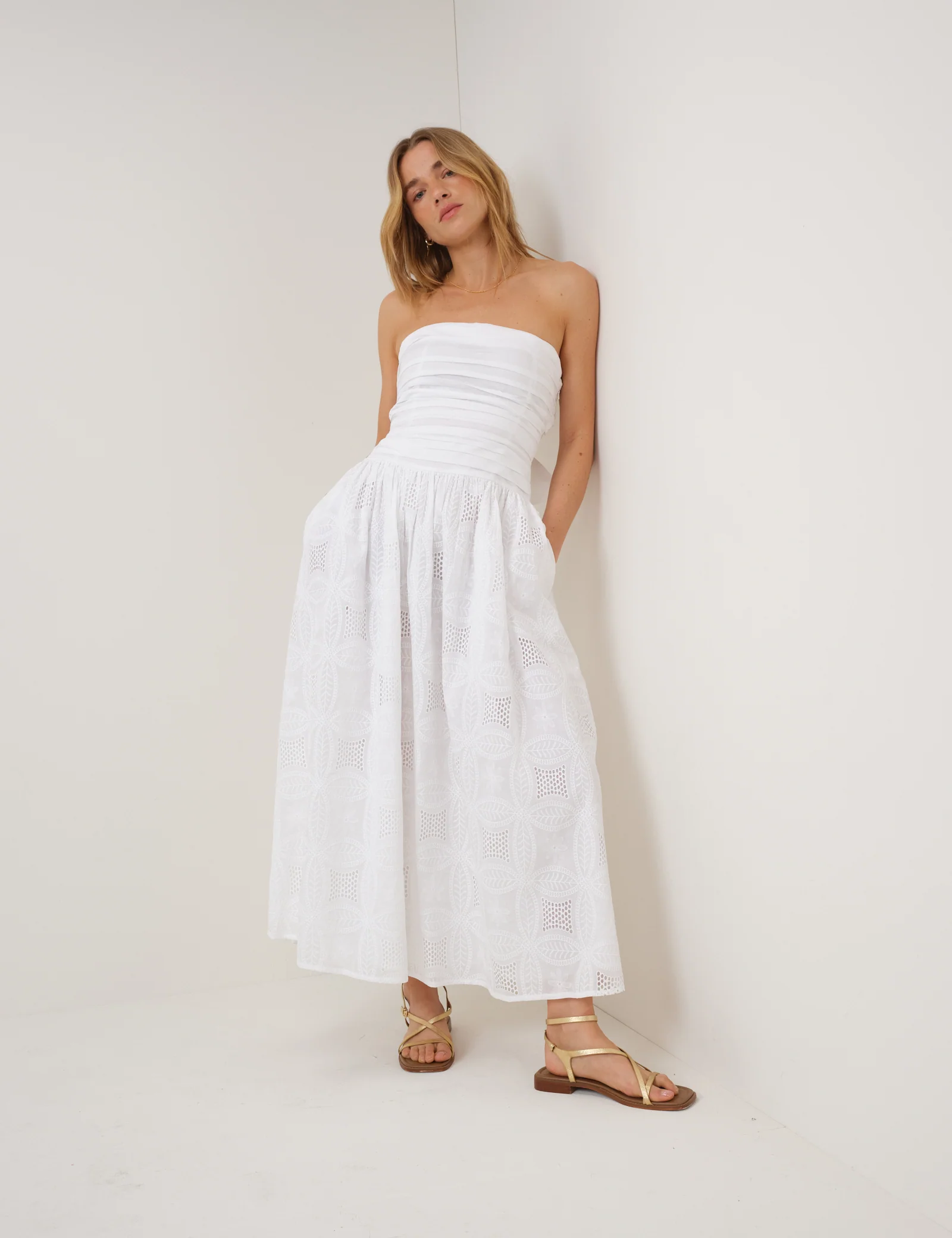 White Embriodered Bandeau Ariella Drop Waist Midi Dress - Image 5