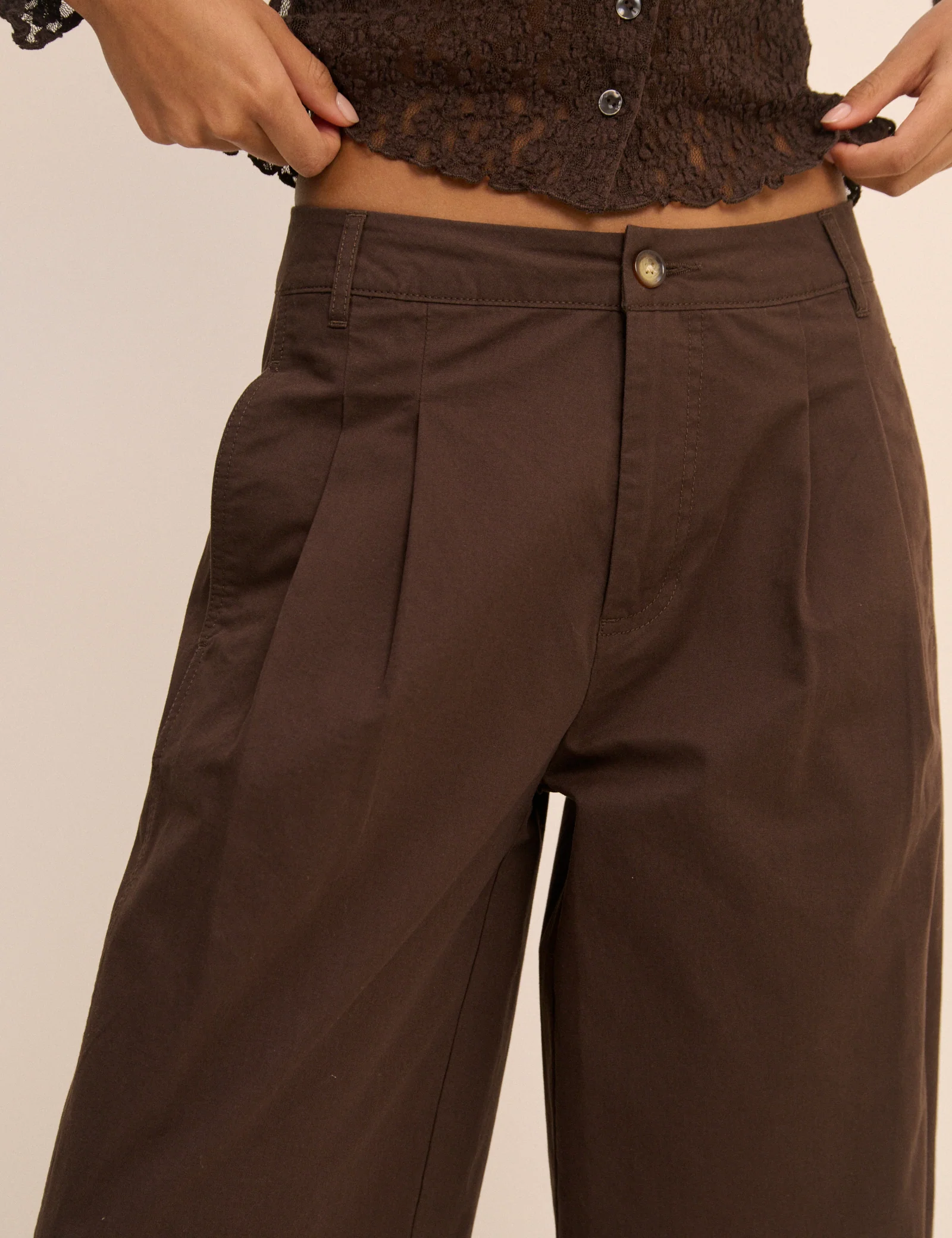Brown Pleated Wide Leg Trousers - Image 3
