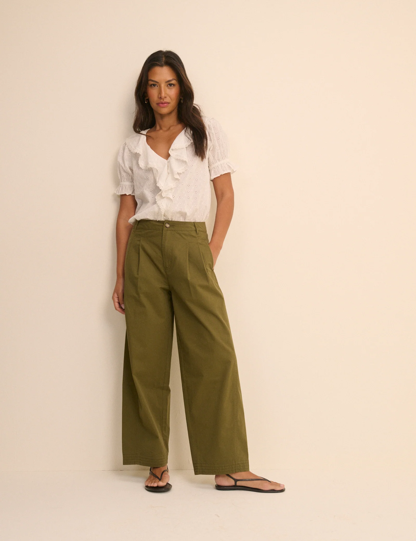 Khaki Pleated Wide Leg Trousers