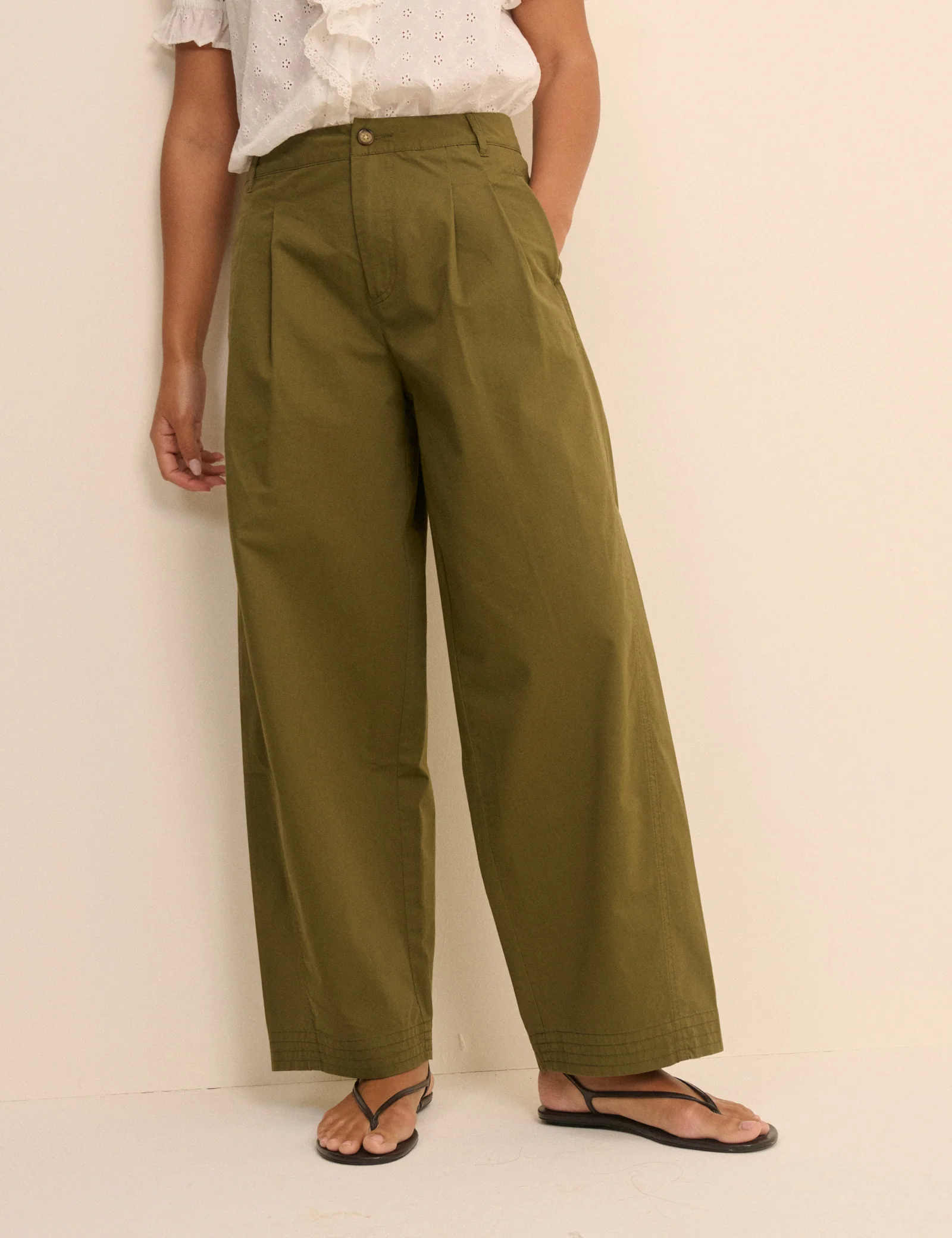 Khaki Pleated Wide Leg Trousers - Image 2