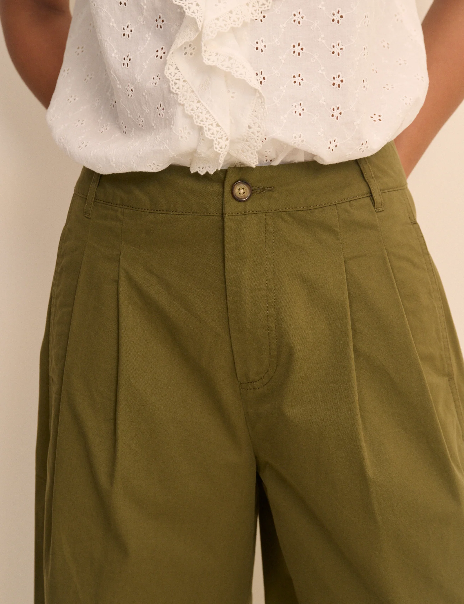 Khaki Pleated Wide Leg Trousers - Image 3