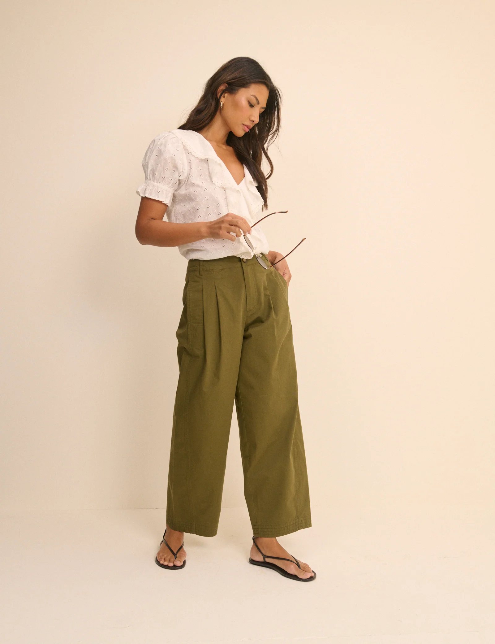 Khaki Pleated Wide Leg Trousers - Image 4