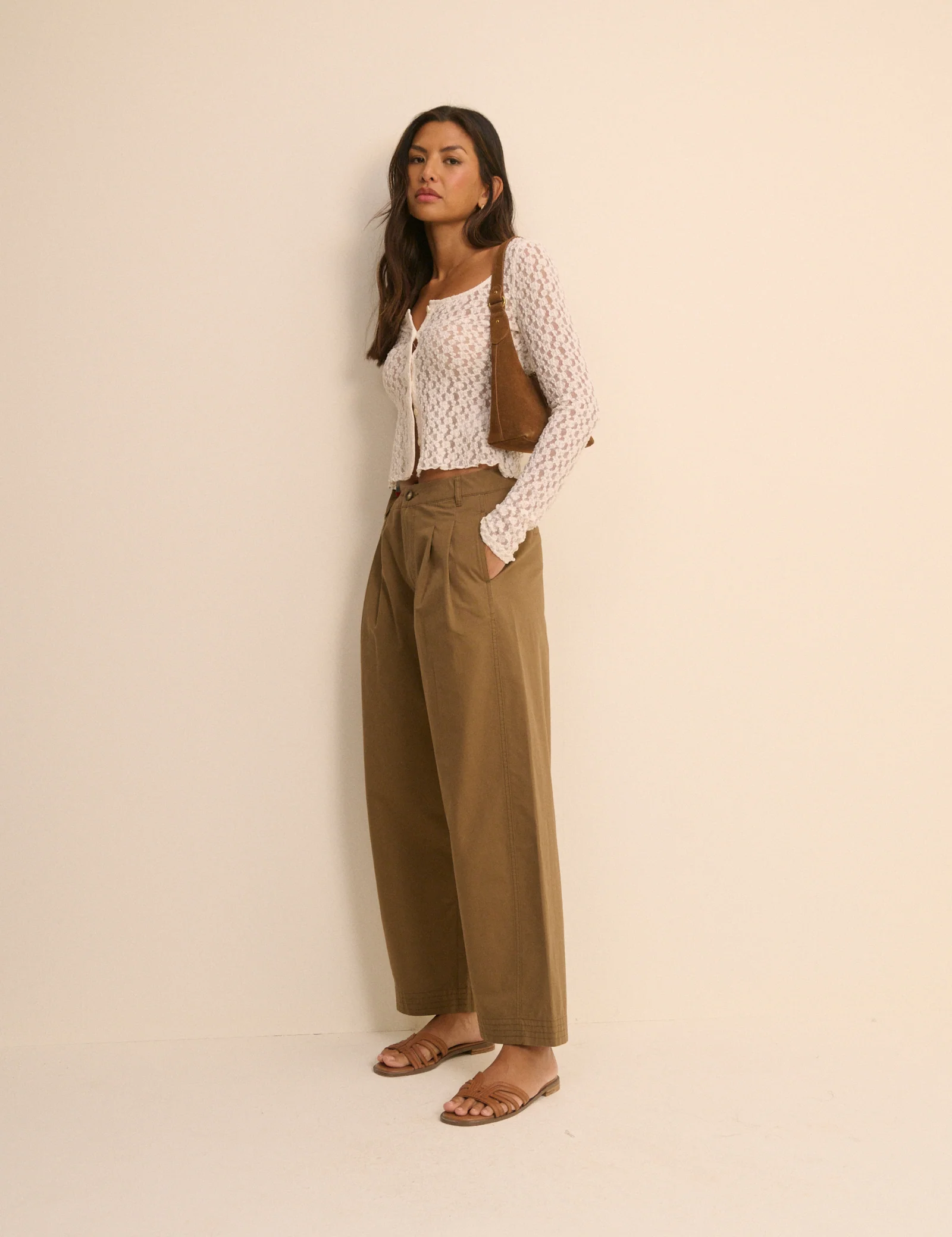 Camel Pleated Wide Leg Trousers - Image 4