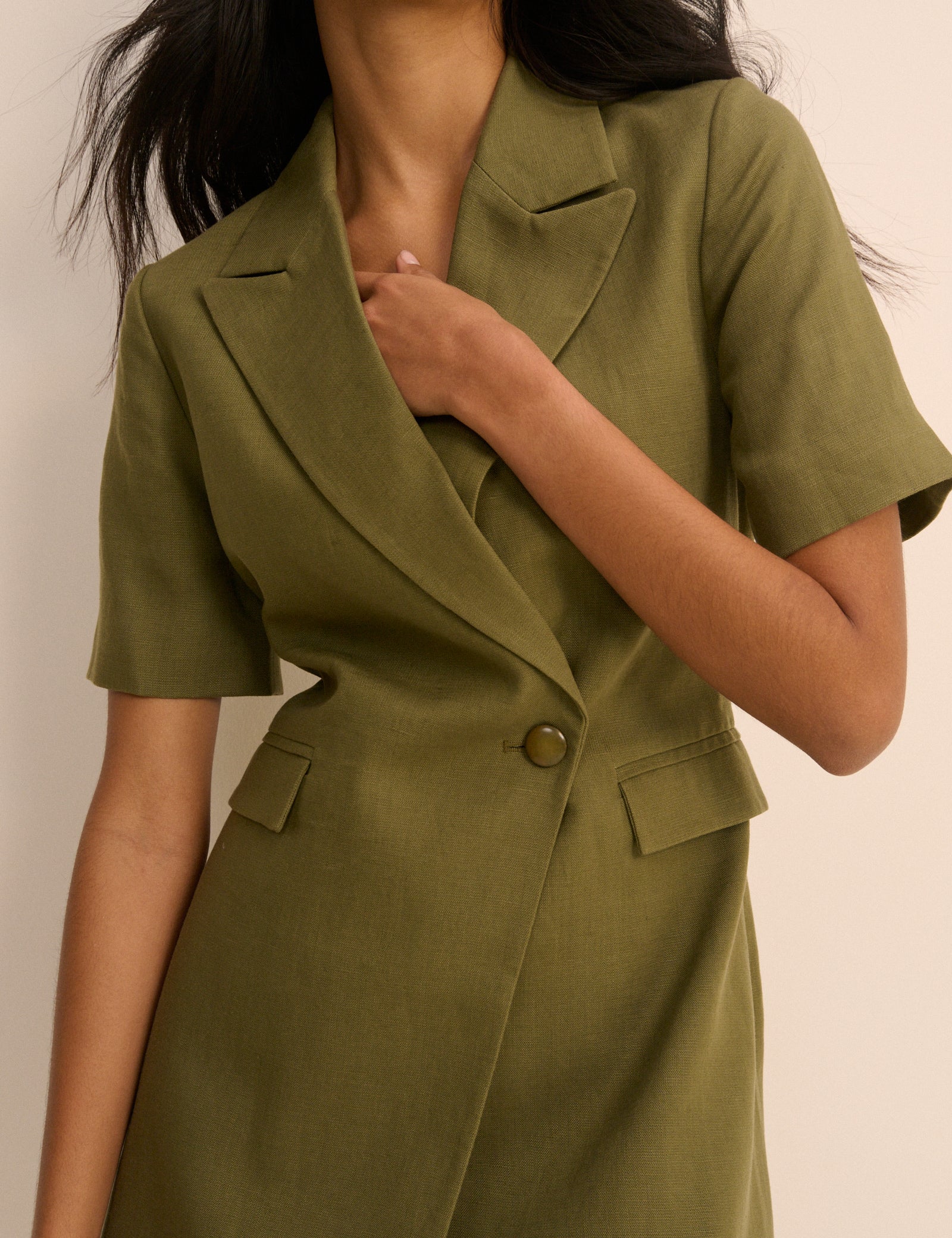 Khaki Tailored Asymmetric Mini Dress - Image 3