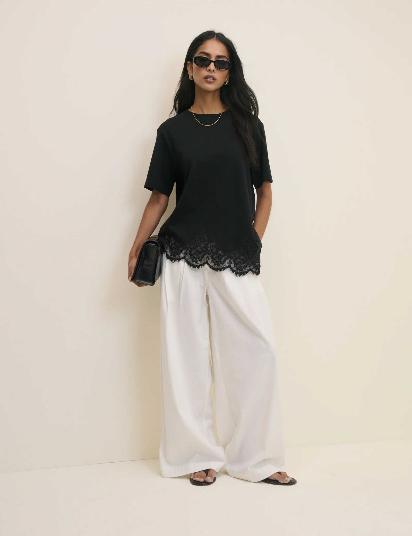 Black Asymmetric Lace Hem Top - Image 2