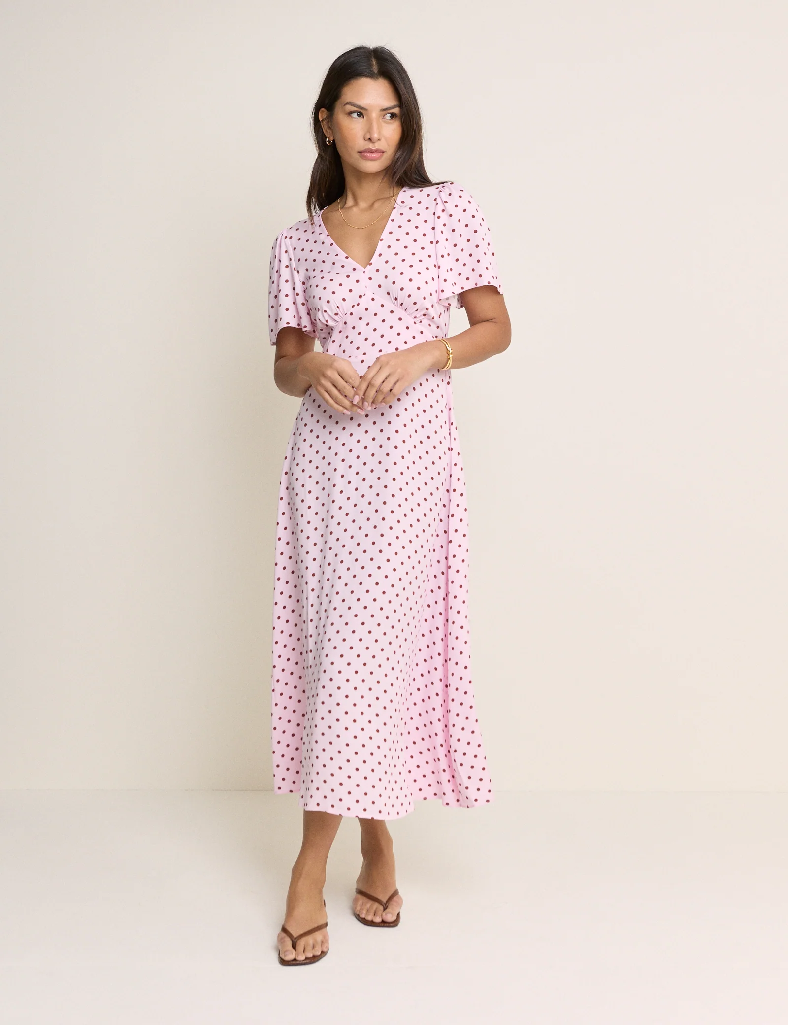 Pink and Brown Polka Dot Atlas Midi Dress - Image 2