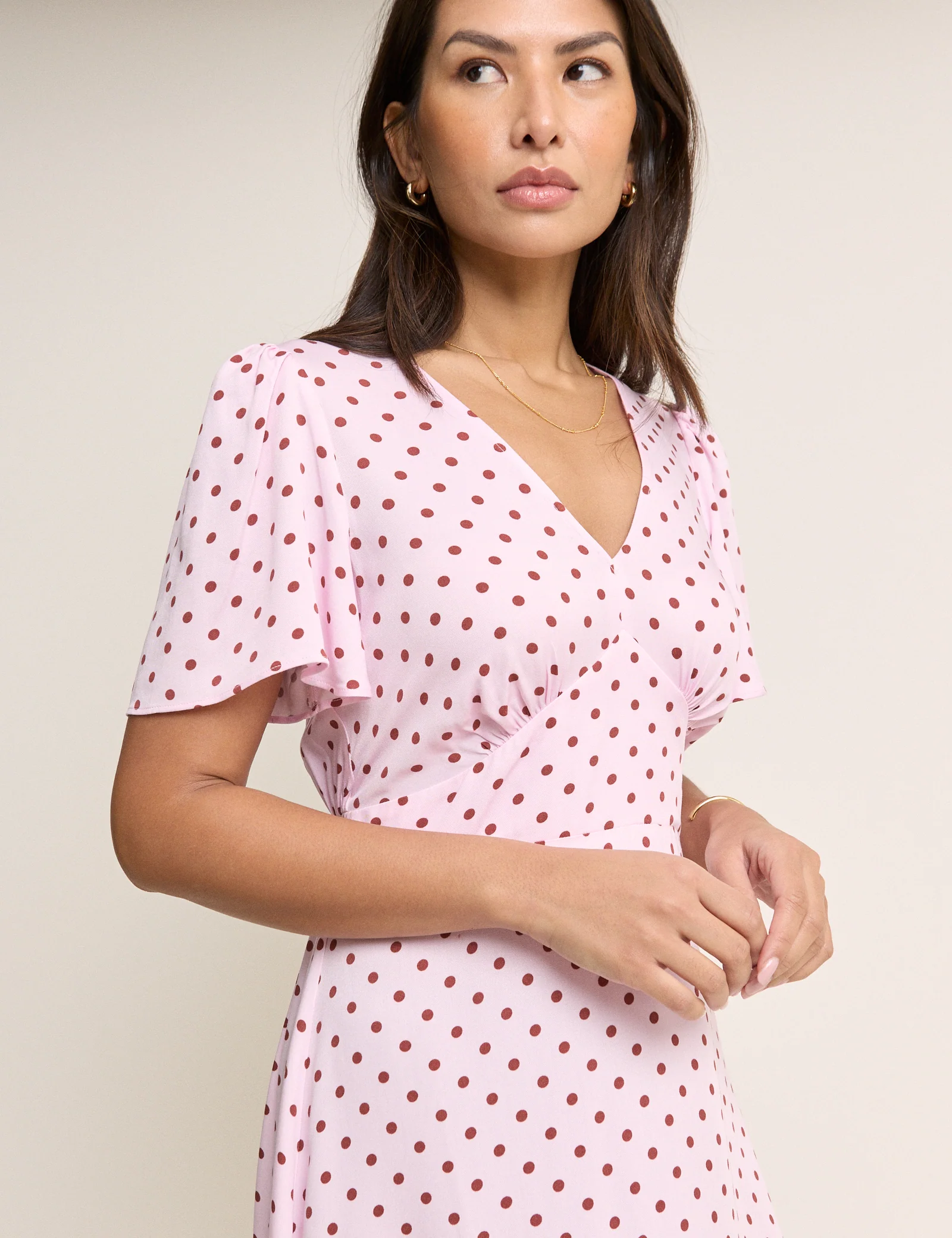 Pink and Brown Polka Dot Atlas Midi Dress - Image 4