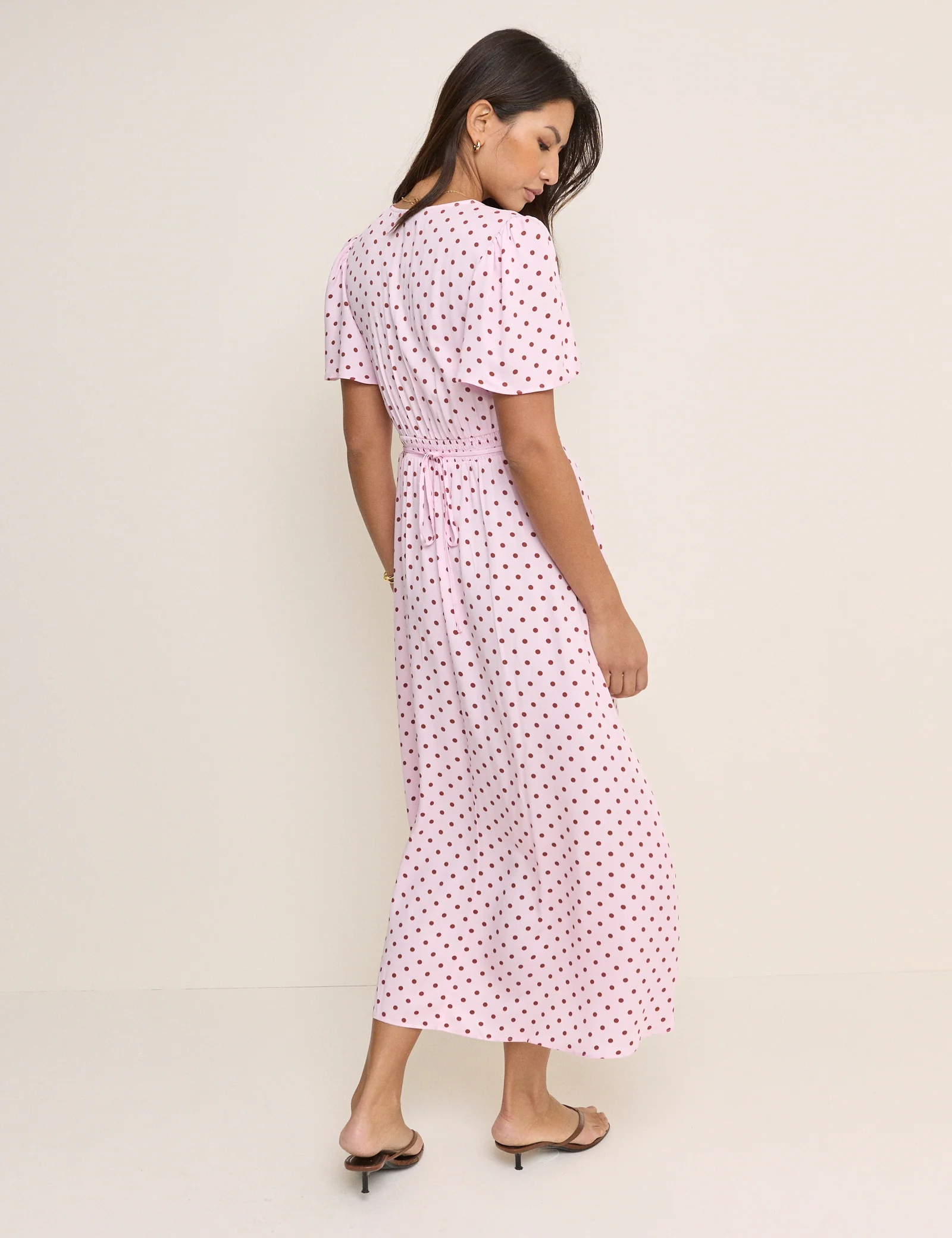 Pink and Brown Polka Dot Atlas Midi Dress - Image 5
