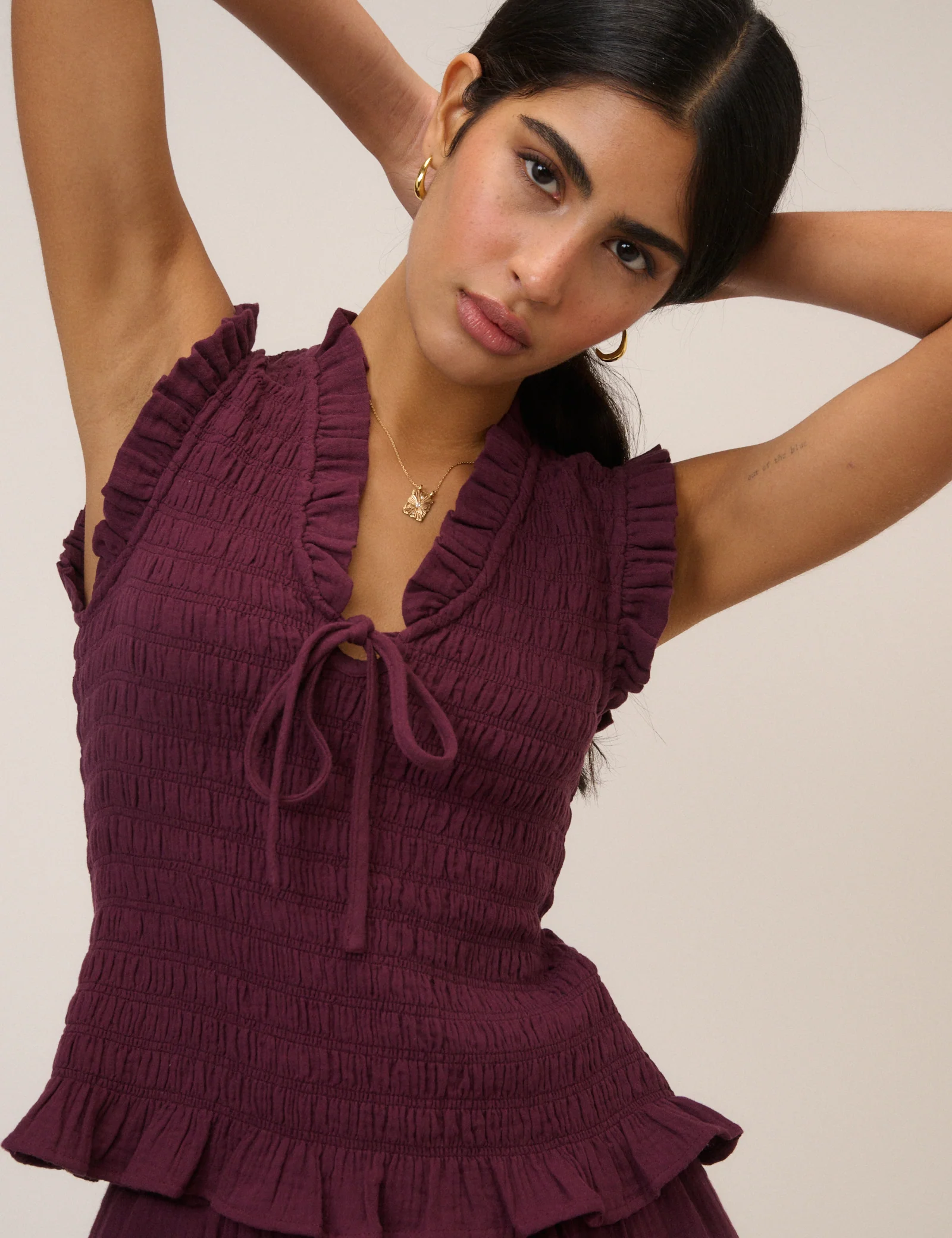 Purple Shirred V-Neck Top - Image 3
