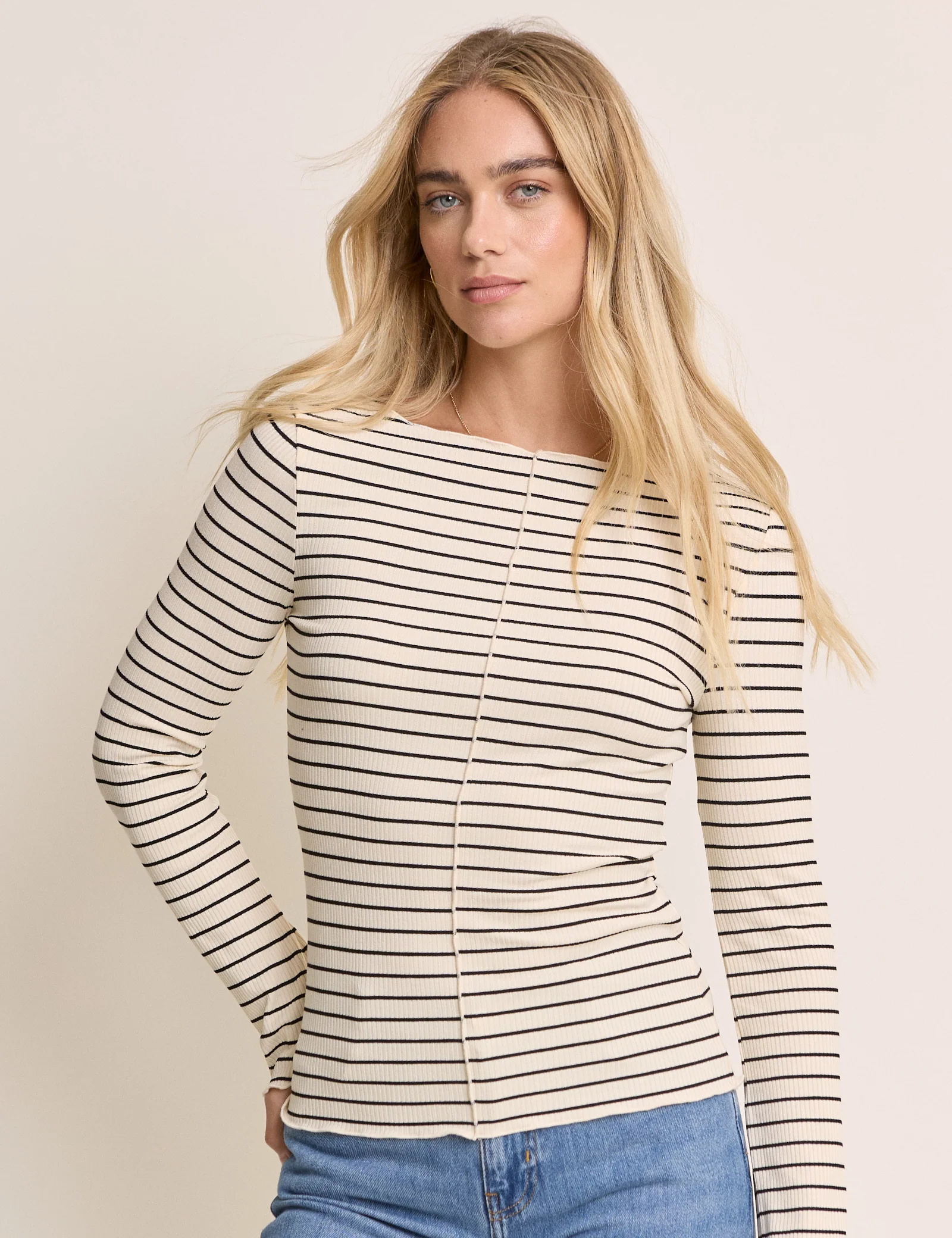 Cream Striped Boat Neck Top