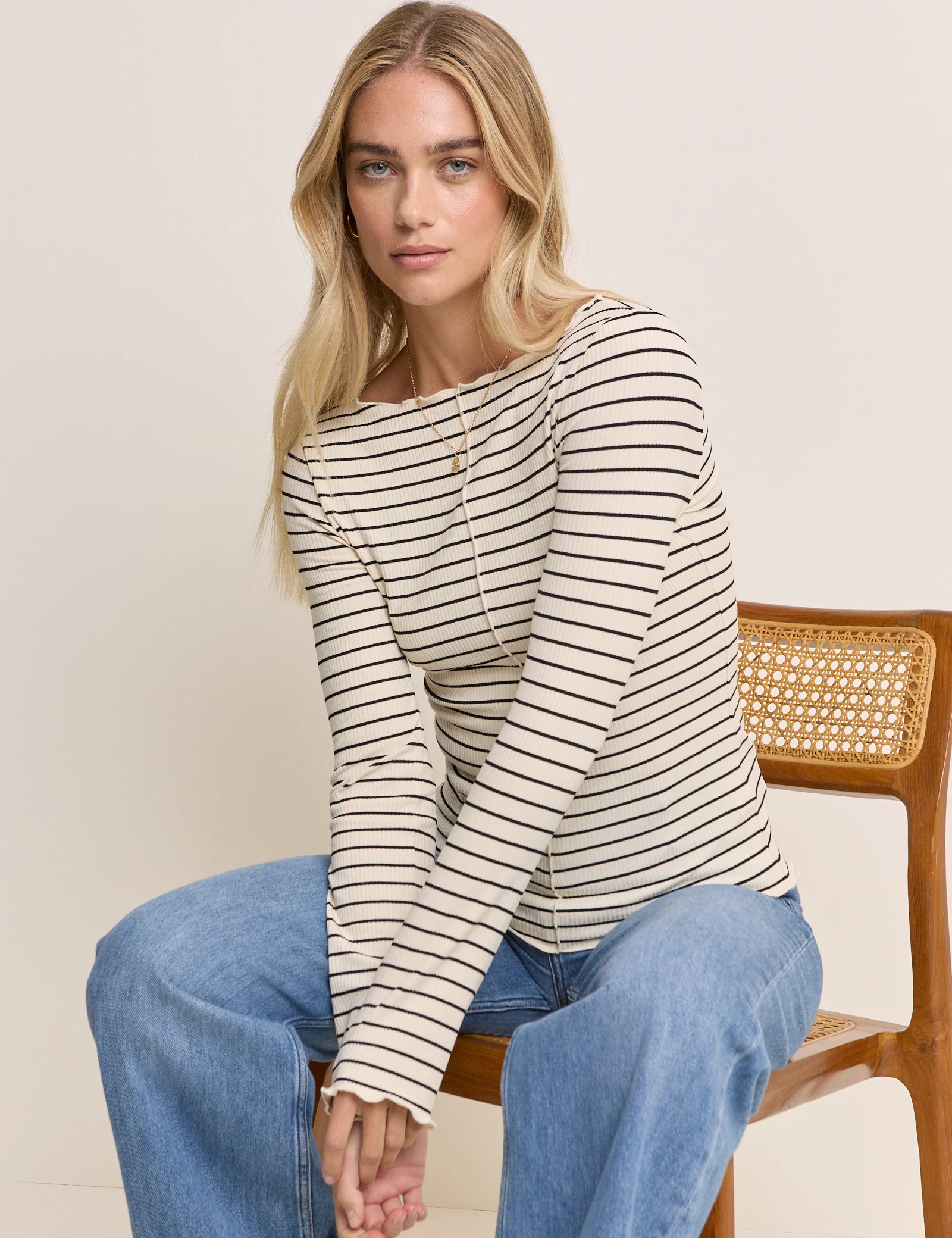 Cream Striped Boat Neck Top - Image 2