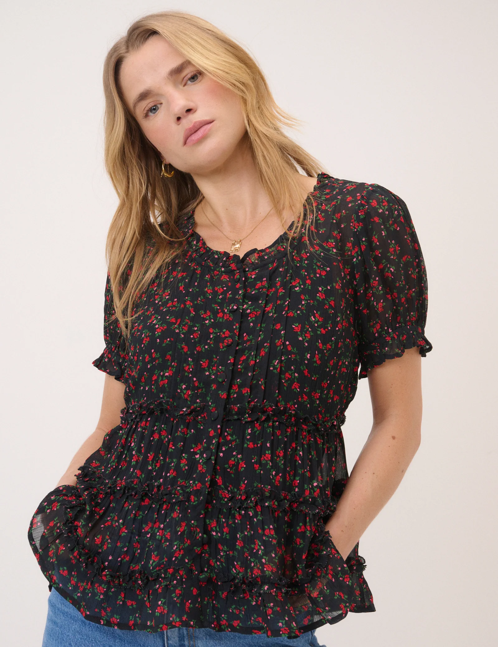 Black Floral Scoop Neck Top - Image 3