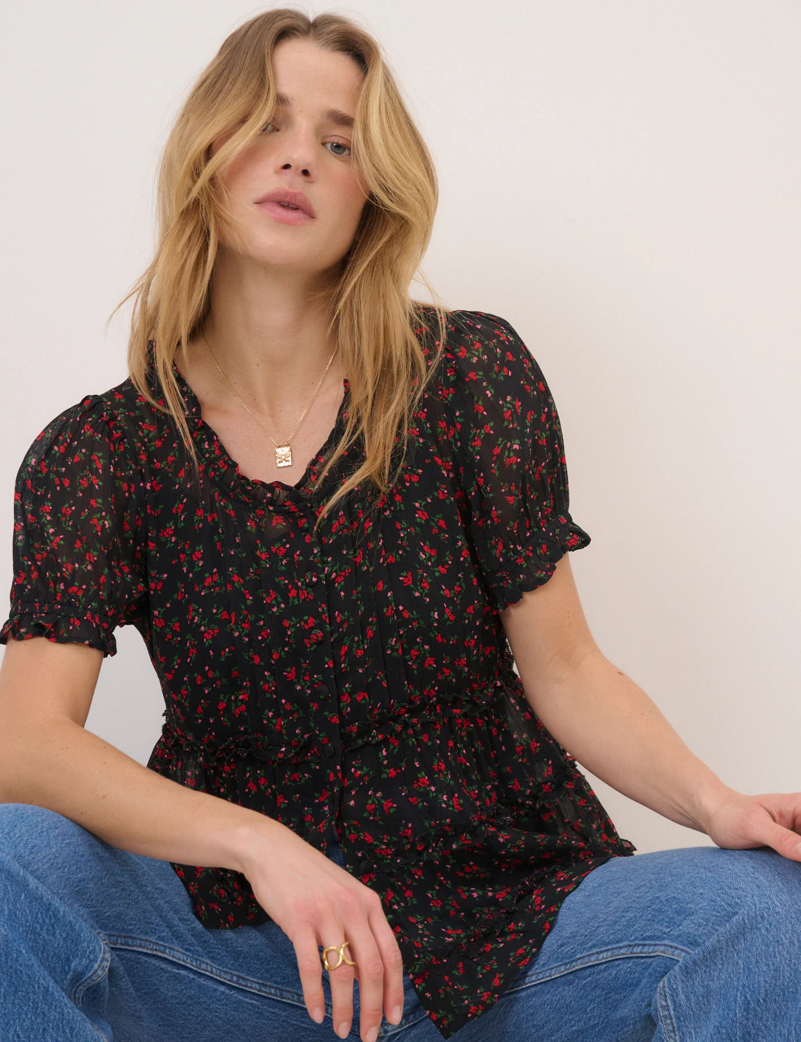 Black Floral Scoop Neck Top - Image 4