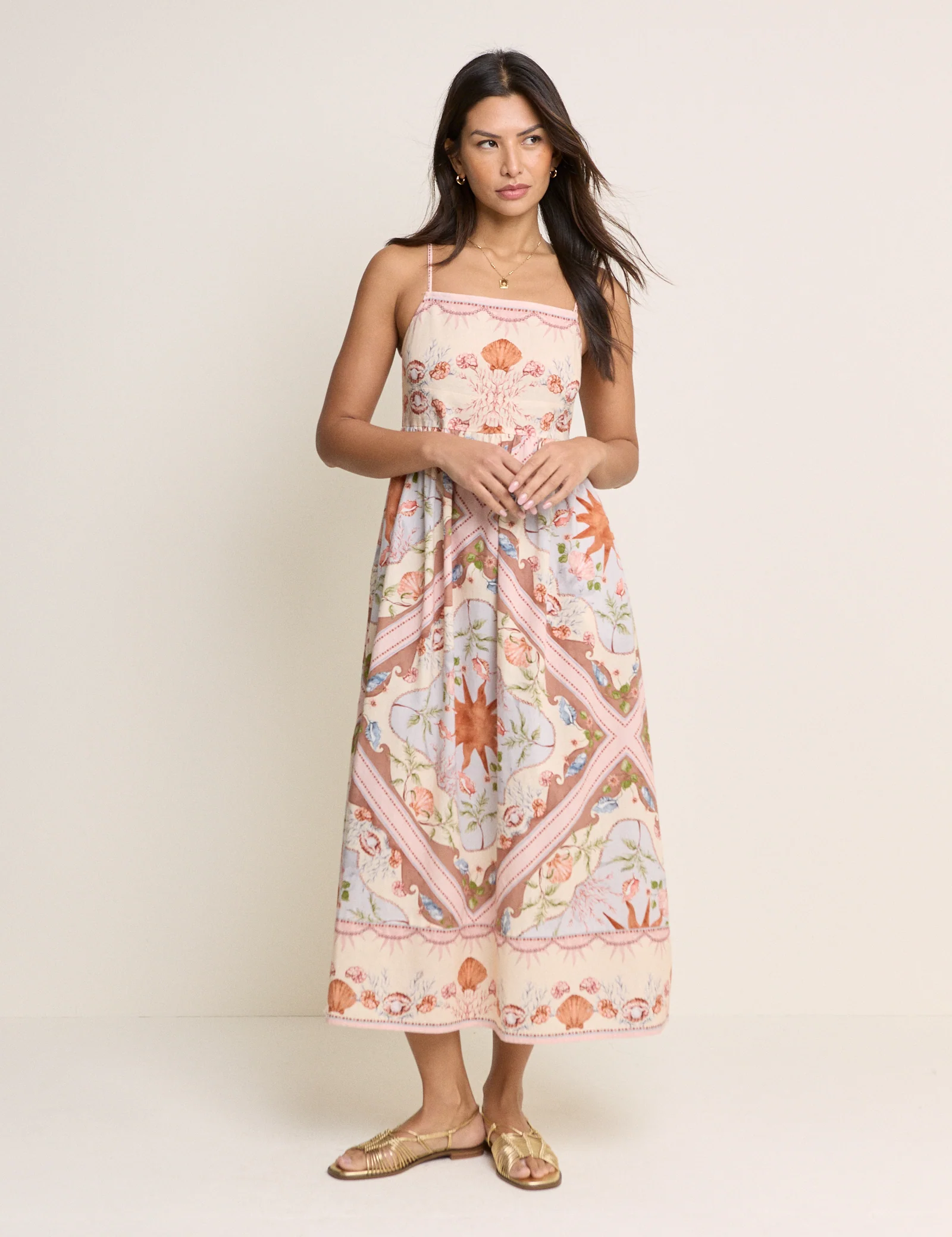 Peach Tile Print Athena Strappy Midi Dress