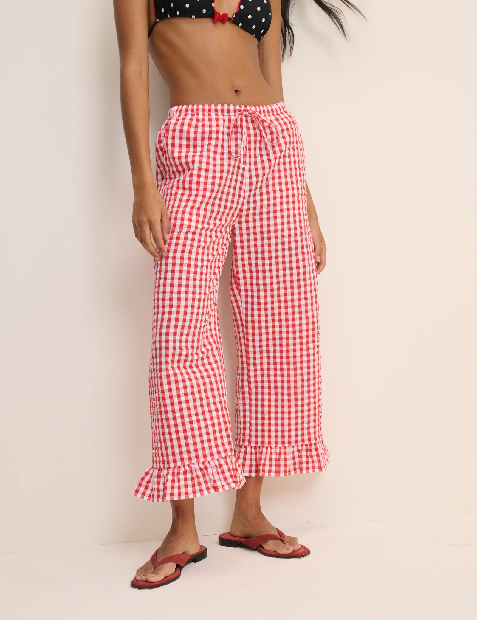 Red Gingham Frill Edge Beach Trousers