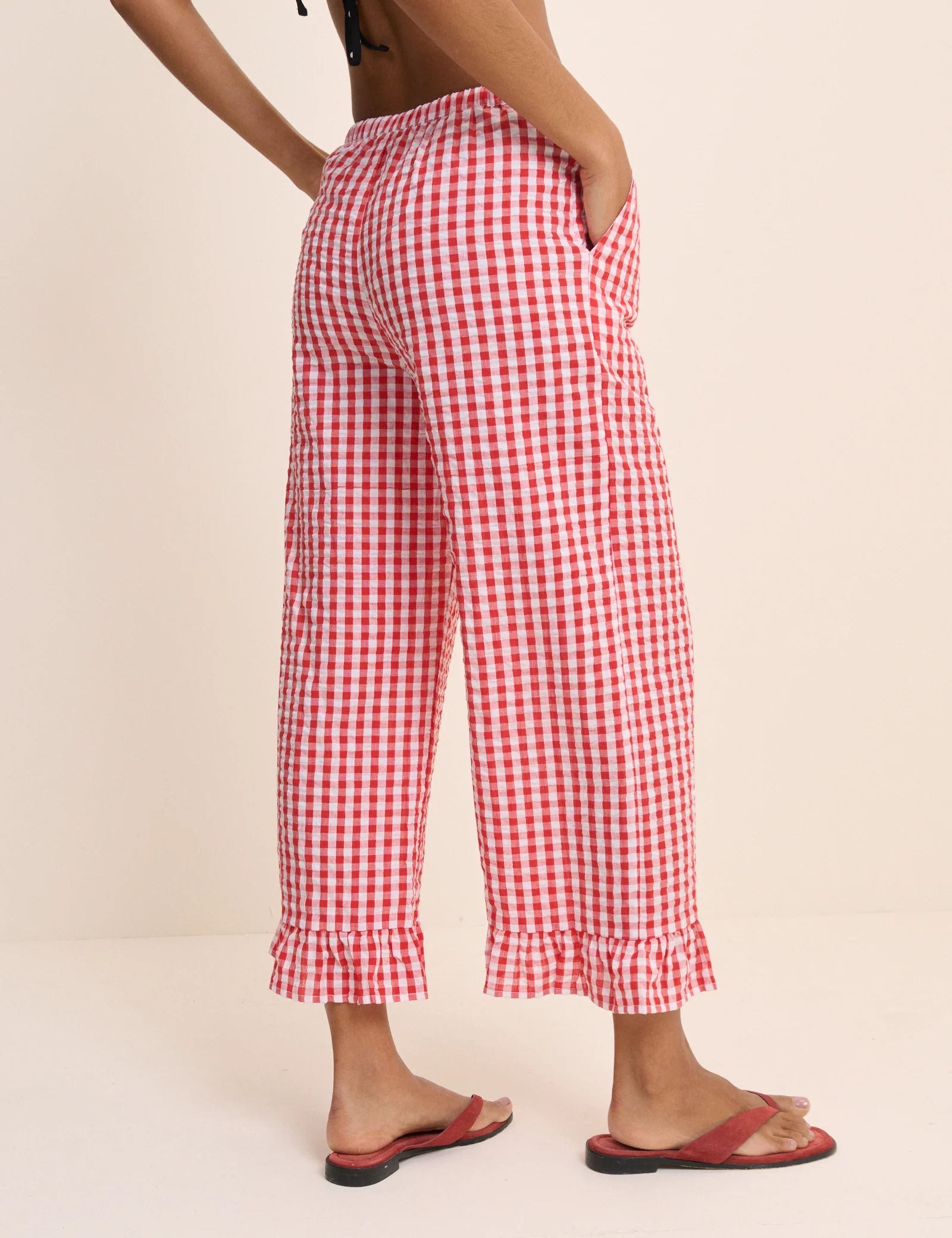 Red Gingham Frill Edge Beach Trousers - Image 5