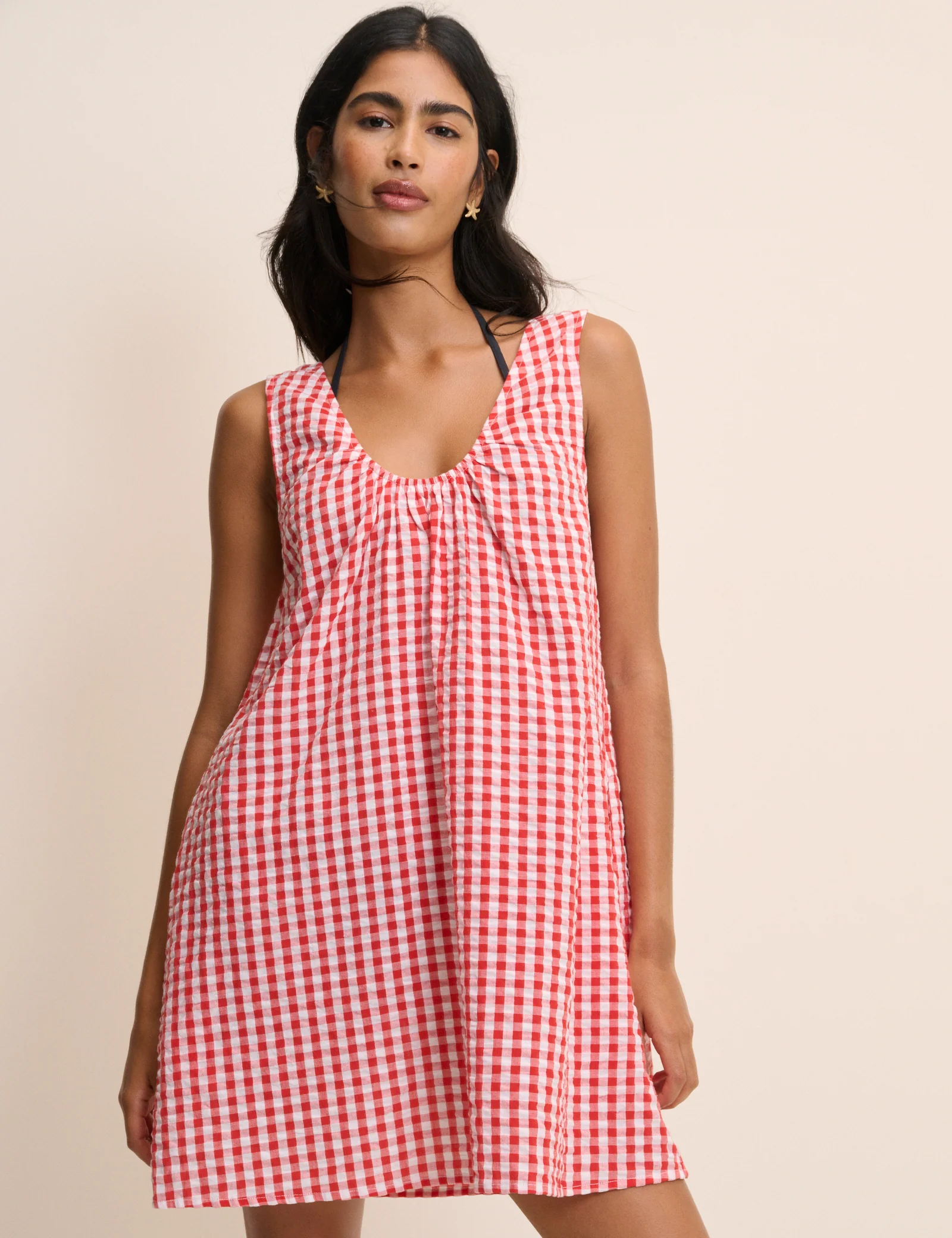 Red Gingham Scoop Neck Mini Beach Dress - Image 2