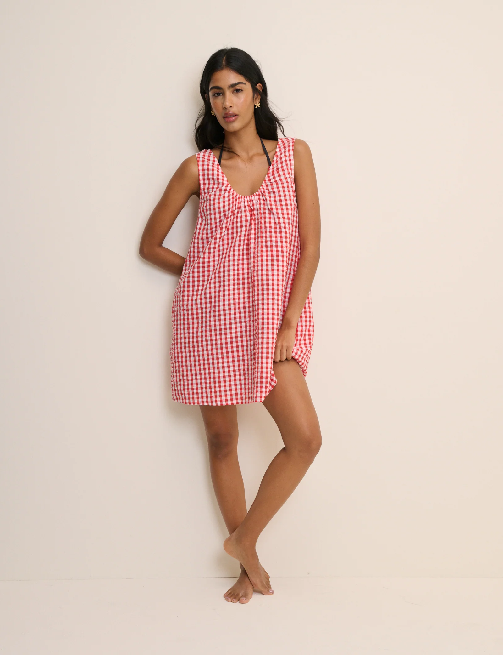 Red Gingham Scoop Neck Mini Beach Dress - Image 3