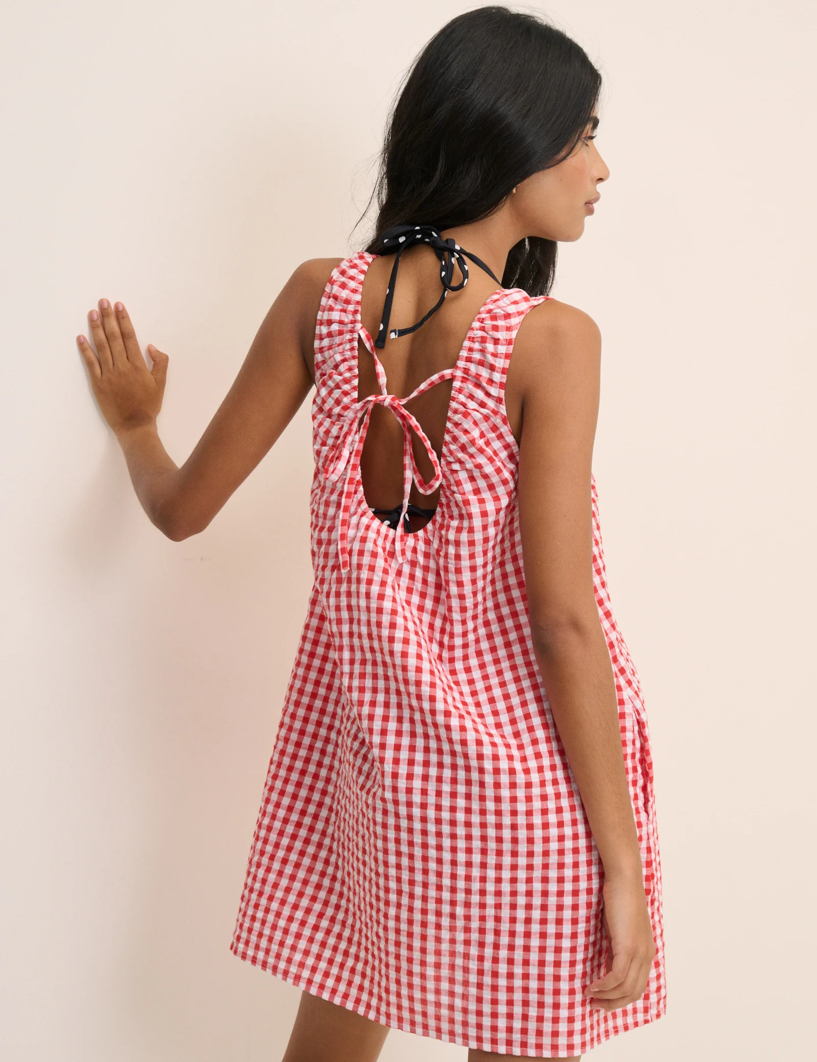 Red Gingham Scoop Neck Mini Beach Dress - Image 4