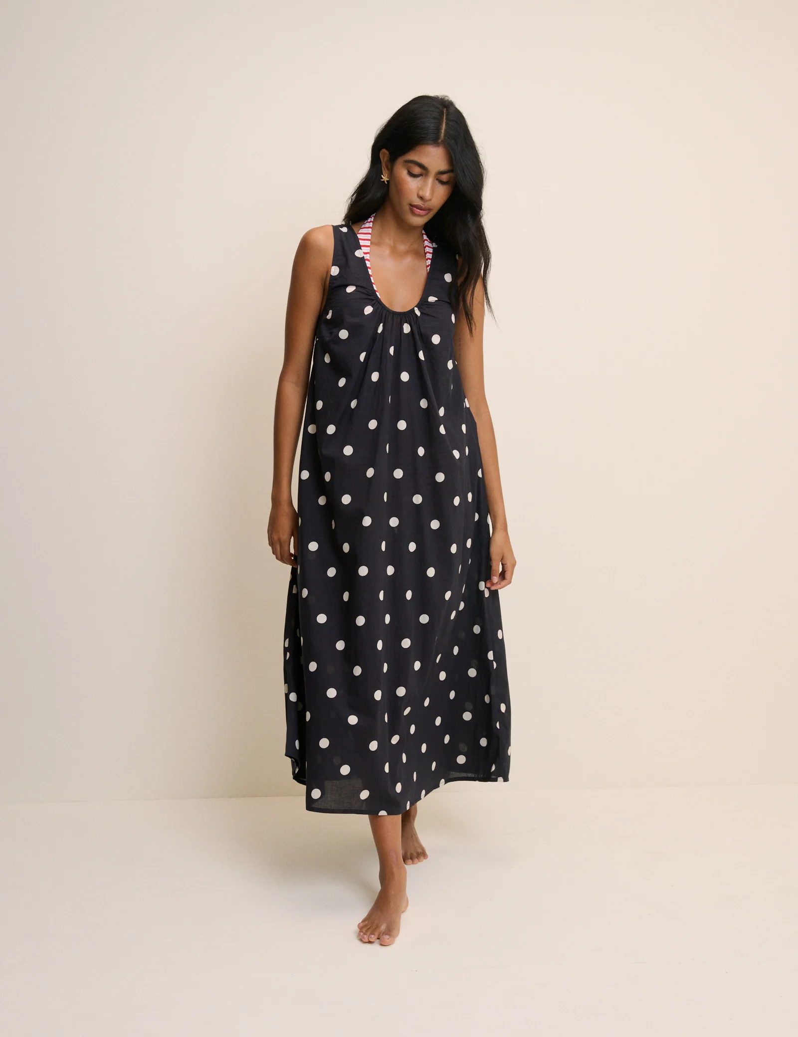 Black Polka Dot Scoop Neck Midi Beach Dress - Image 2