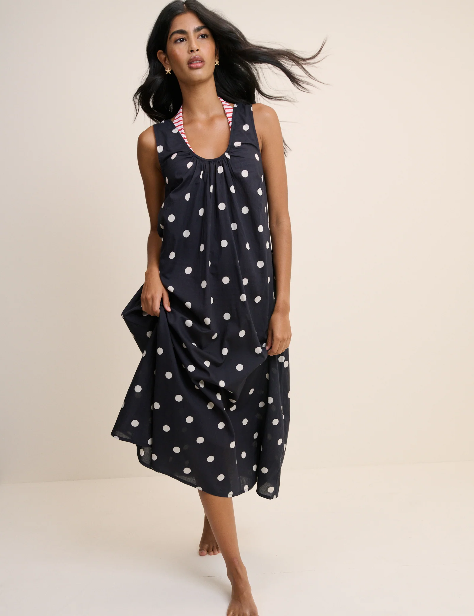 Black Polka Dot Scoop Neck Midi Beach Dress - Image 4