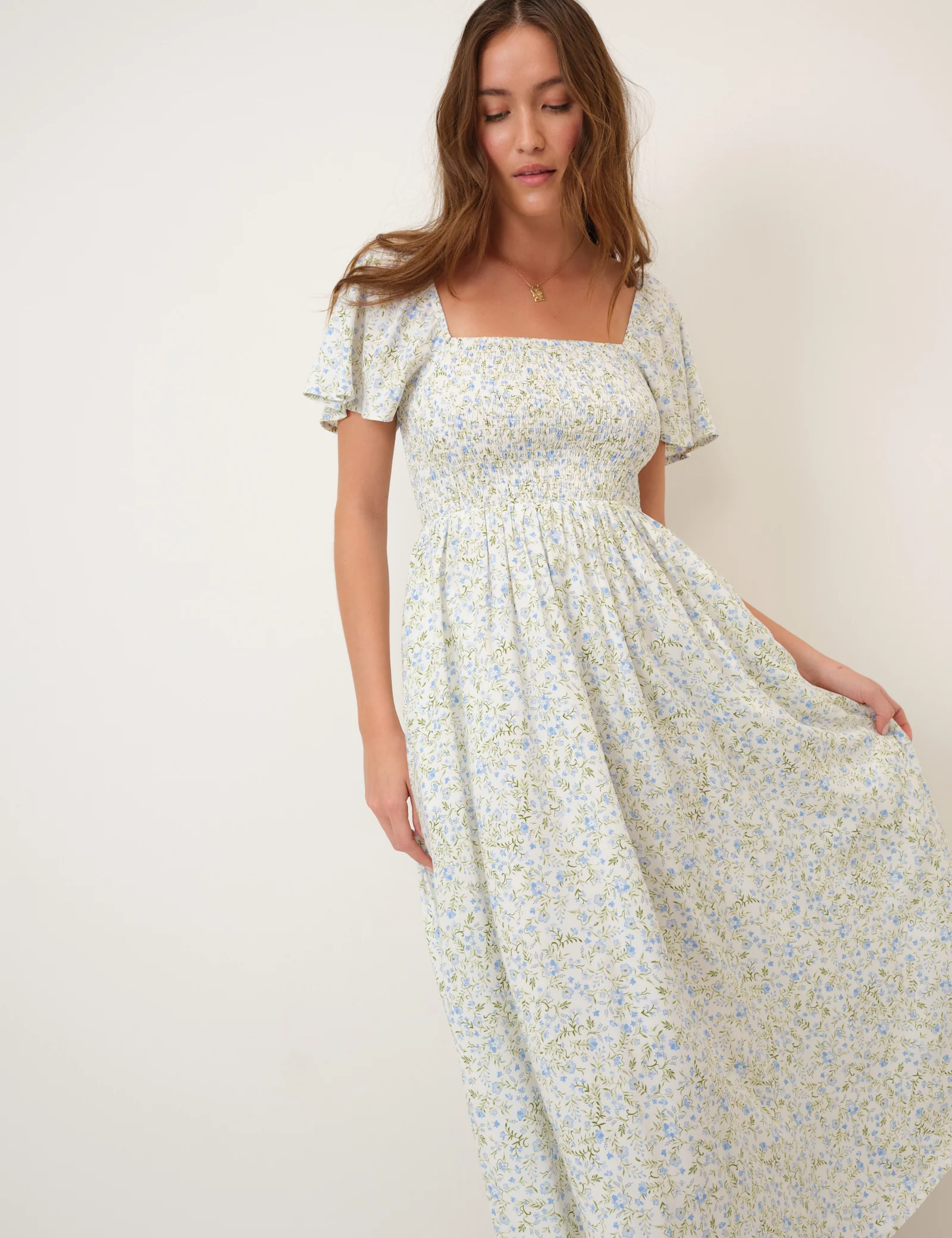 Blue Floral Shirred Bella Midi Dress - Image 2