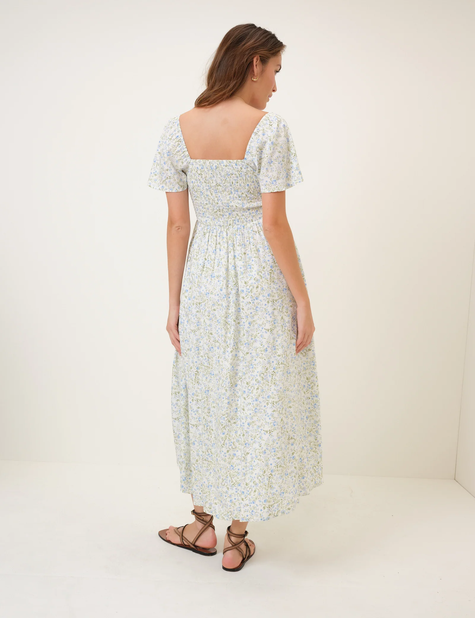 Blue Floral Shirred Bella Midi Dress - Image 4