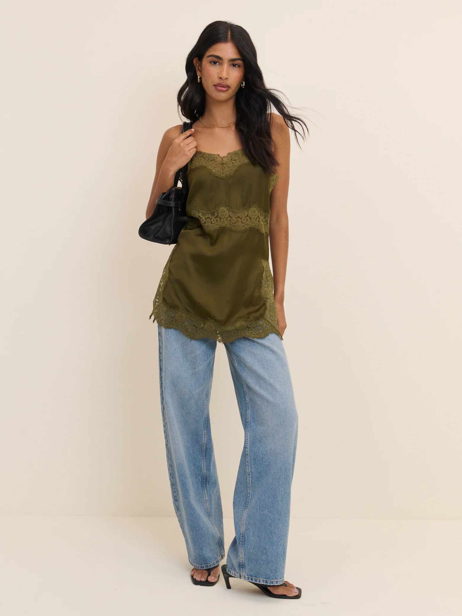 Khaki Lace Trim Satin Cami Top