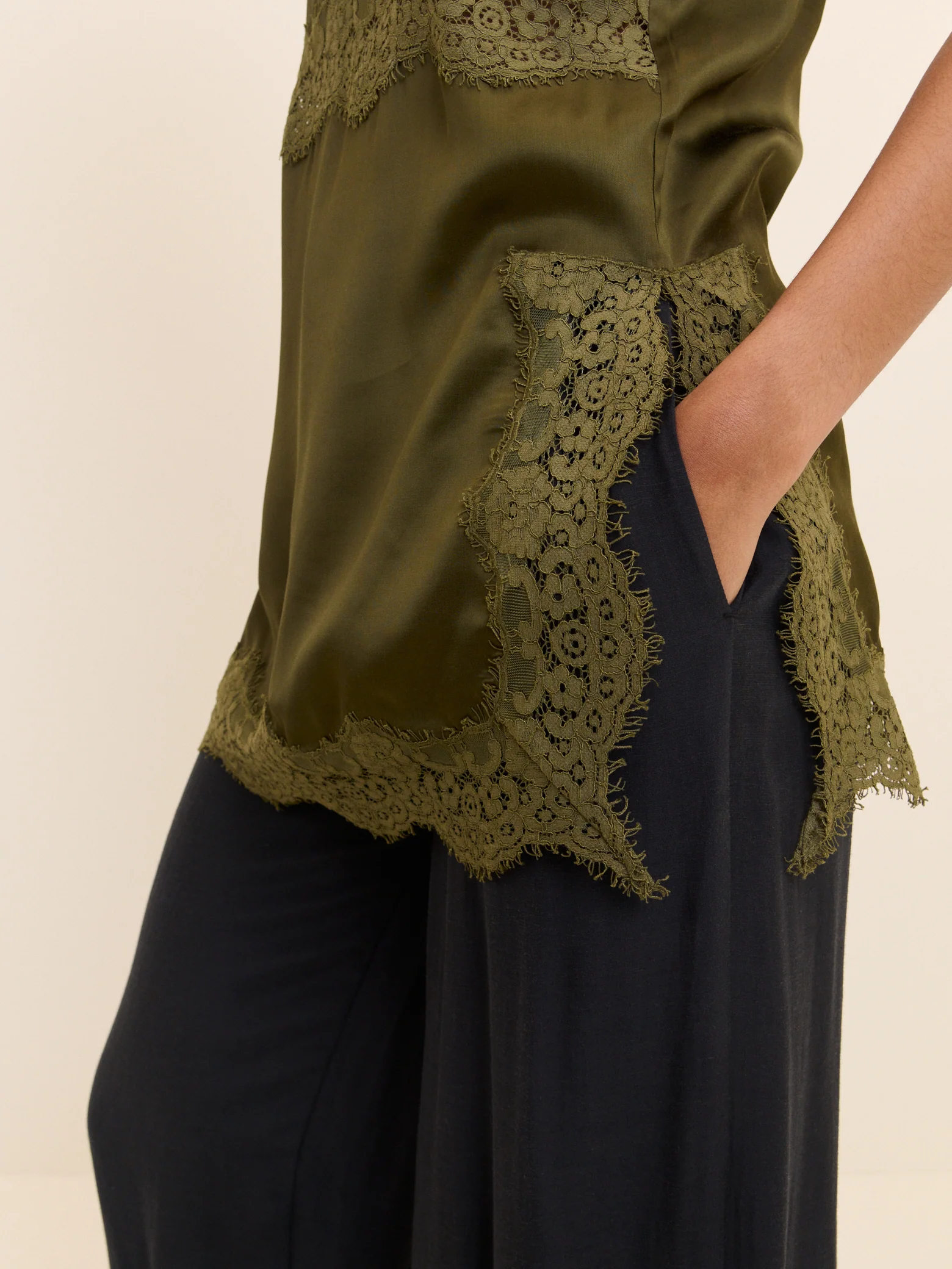 Khaki Lace Trim Satin Cami Top - Image 3