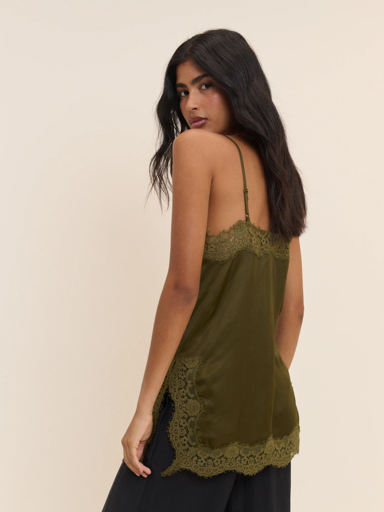 Khaki Lace Trim Satin Cami Top - Image 5