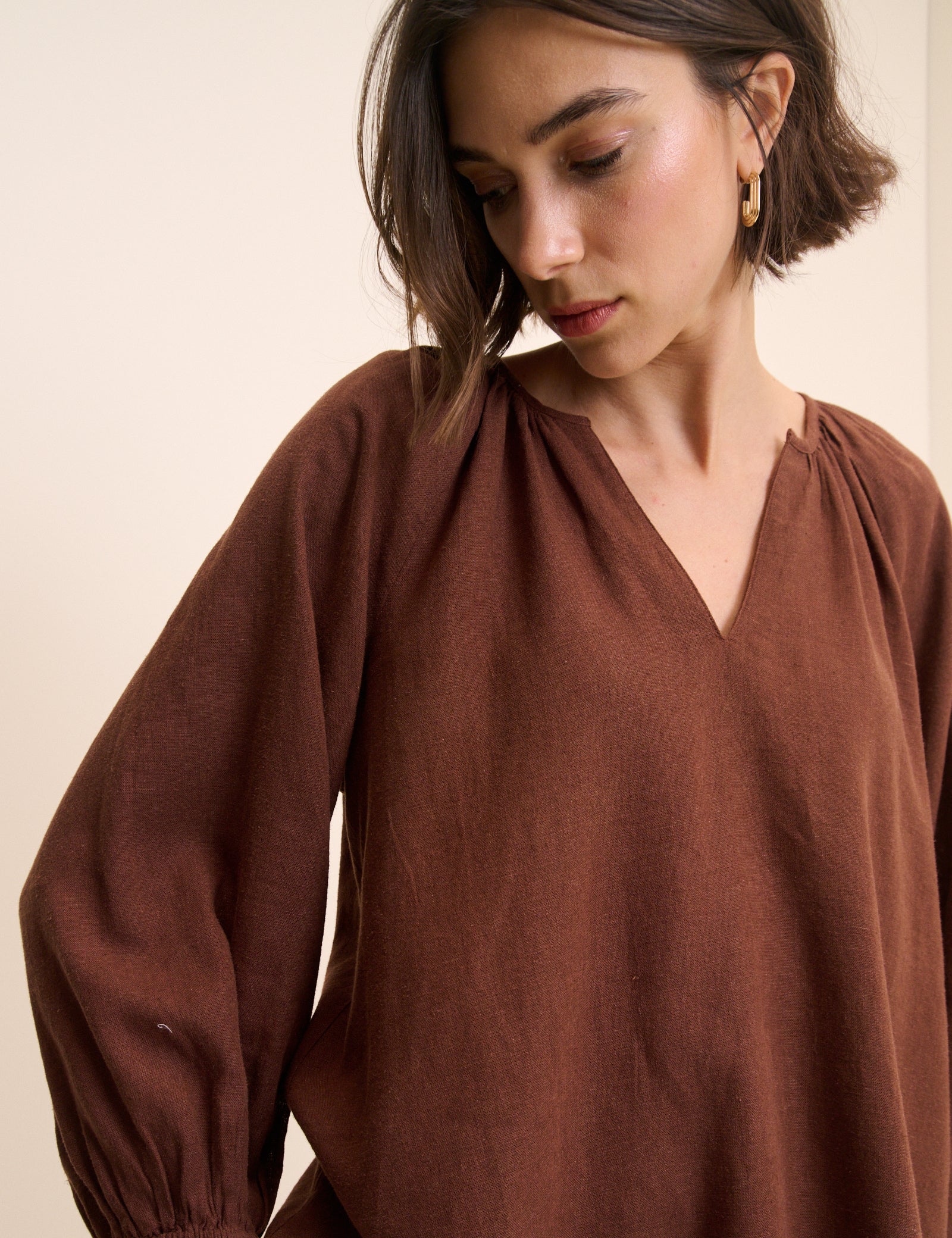 Brown Linen-Blend Blouse - Image 3
