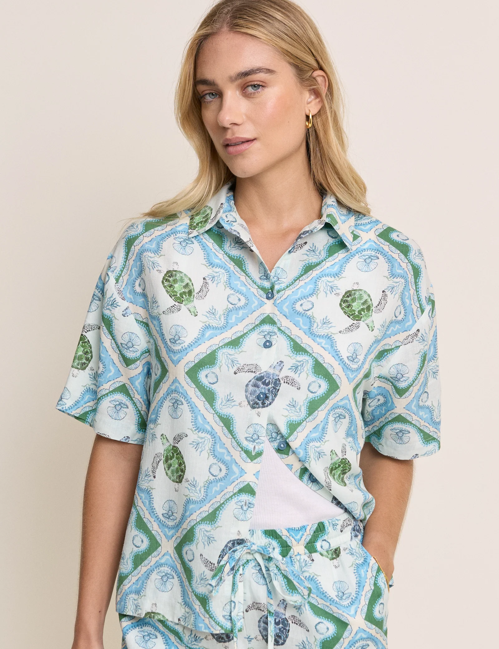 Blue Ocean Print Linen-Blend Shirt