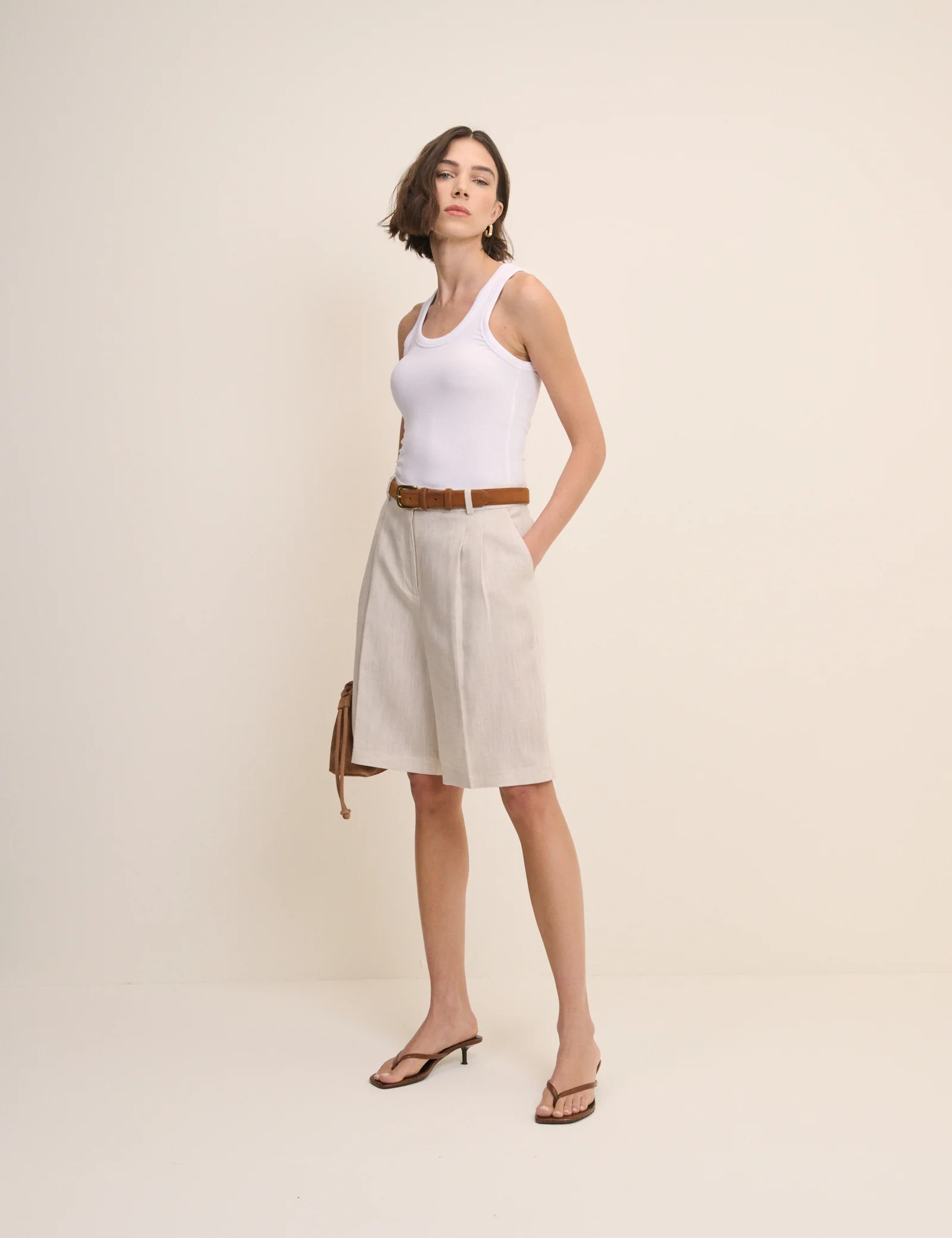 Cream Bermuda Linen-Blend Tailored Shorts - Image 4