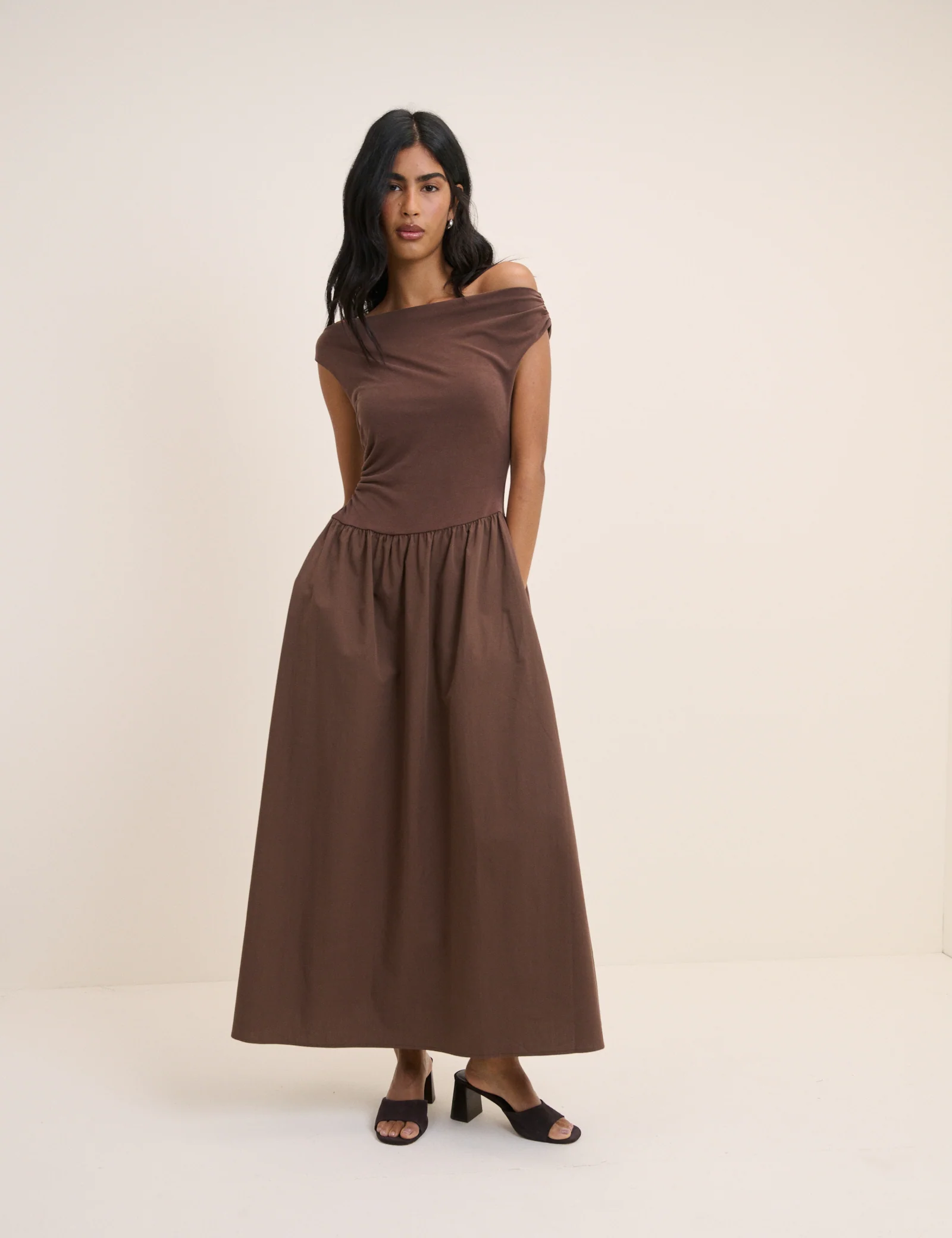 Brown Draped Off Shoulder Beth Midi Dress - Image 3
