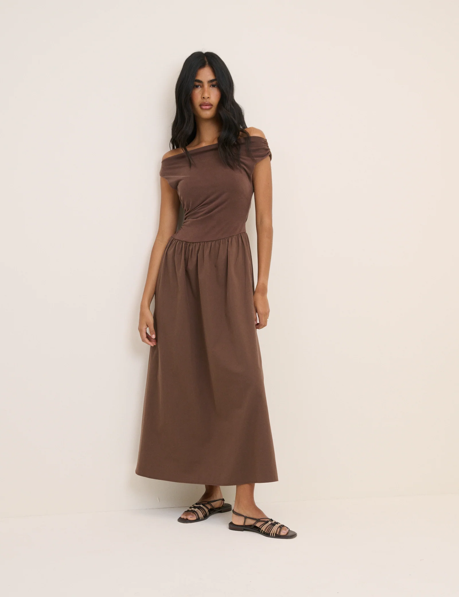Brown Draped Off Shoulder Beth Midi Dress - Image 5