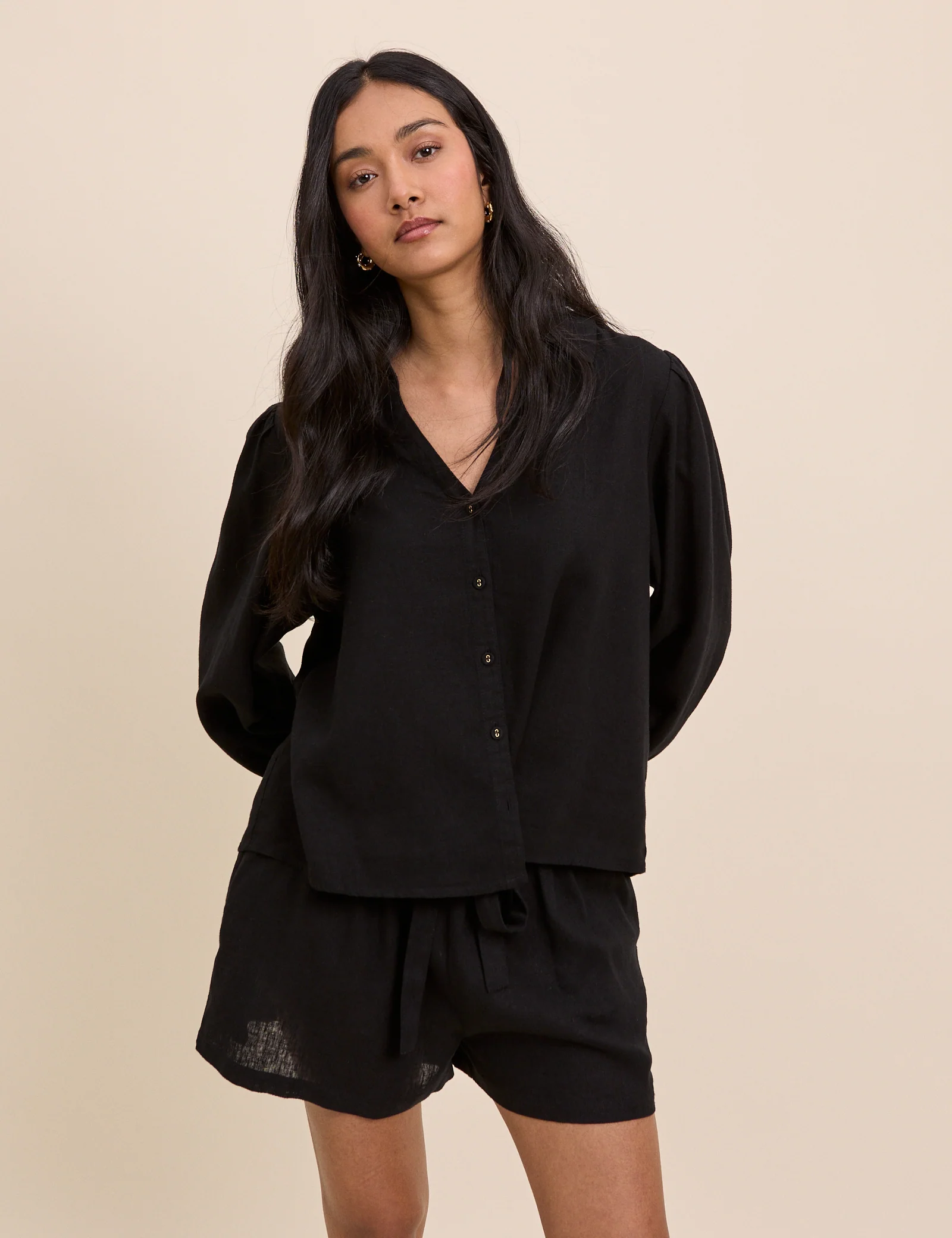 Black Linen-Blend Blouse