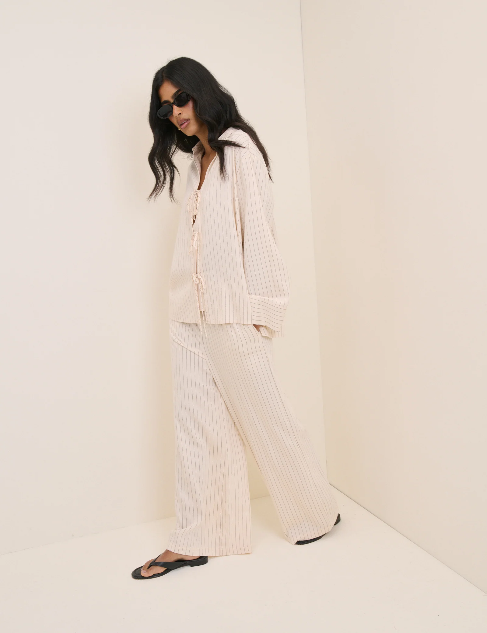 Cream Pinstripe Tie Front Shirt - Image 4