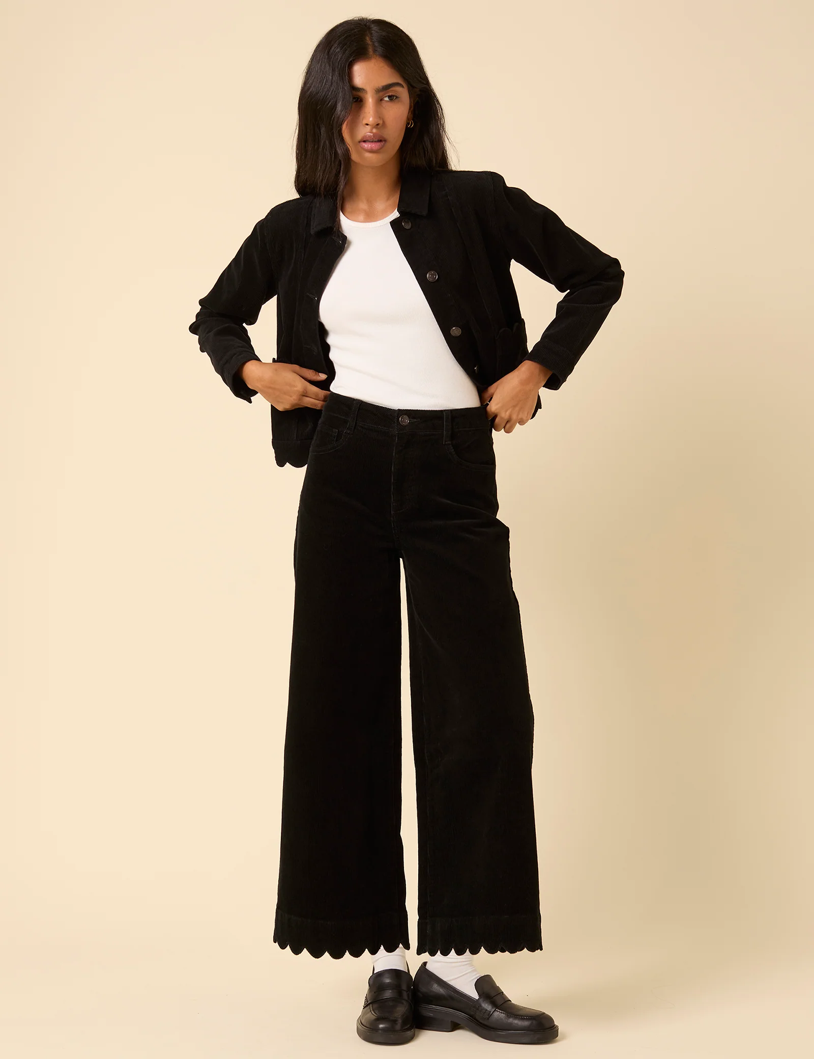 Black Cord Cropped Scallop Trim Jeans