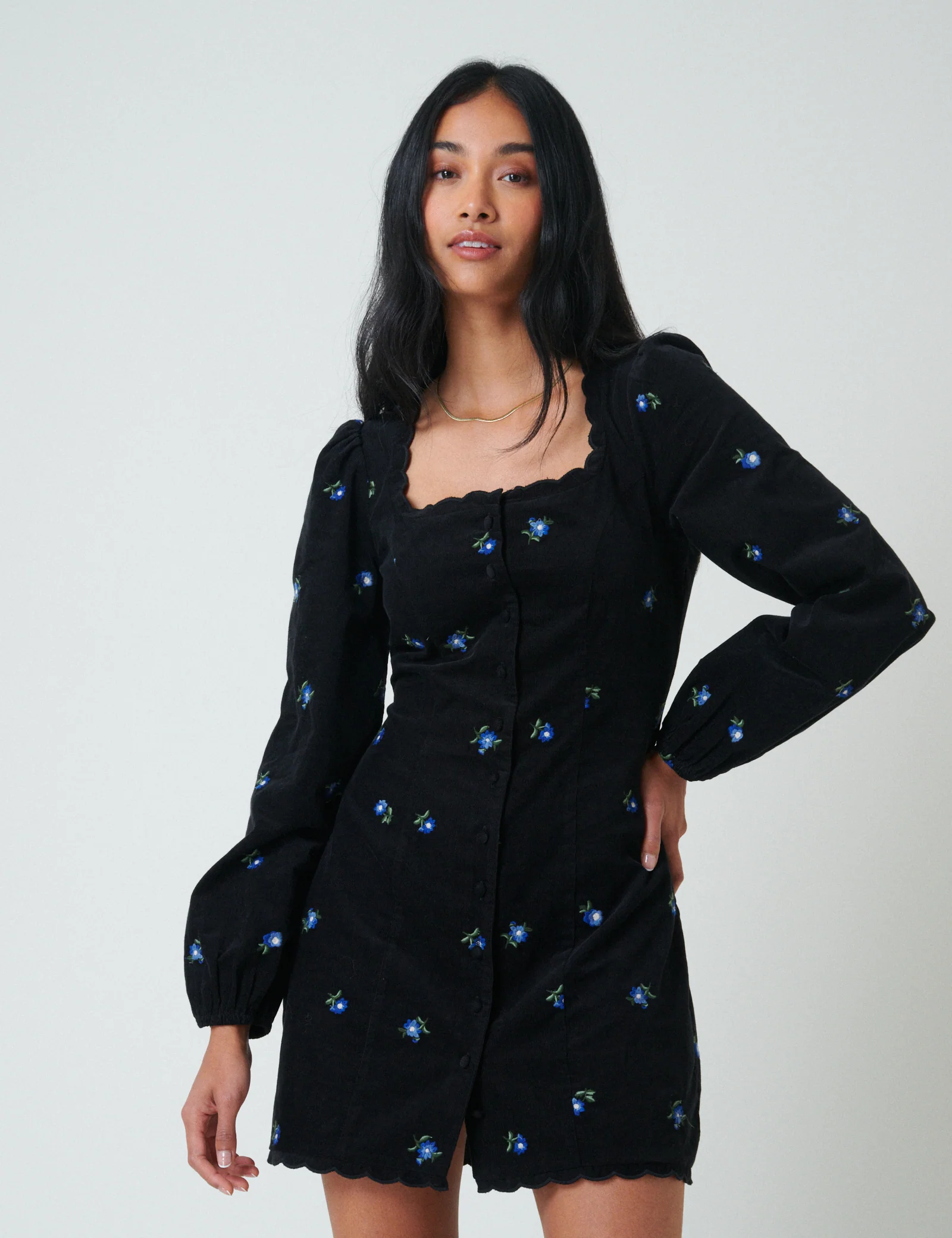 Black Cord Floral Embroidered Memphis Mini Dress