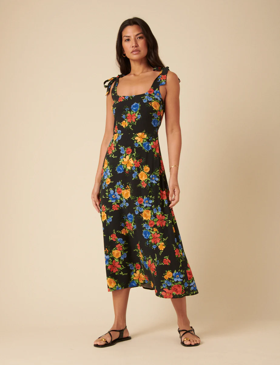 Black Floral Adrian Midi Dress