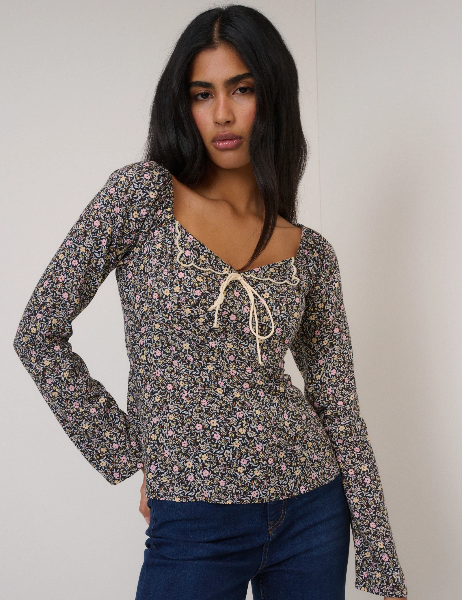 Black Floral Bow Front Top