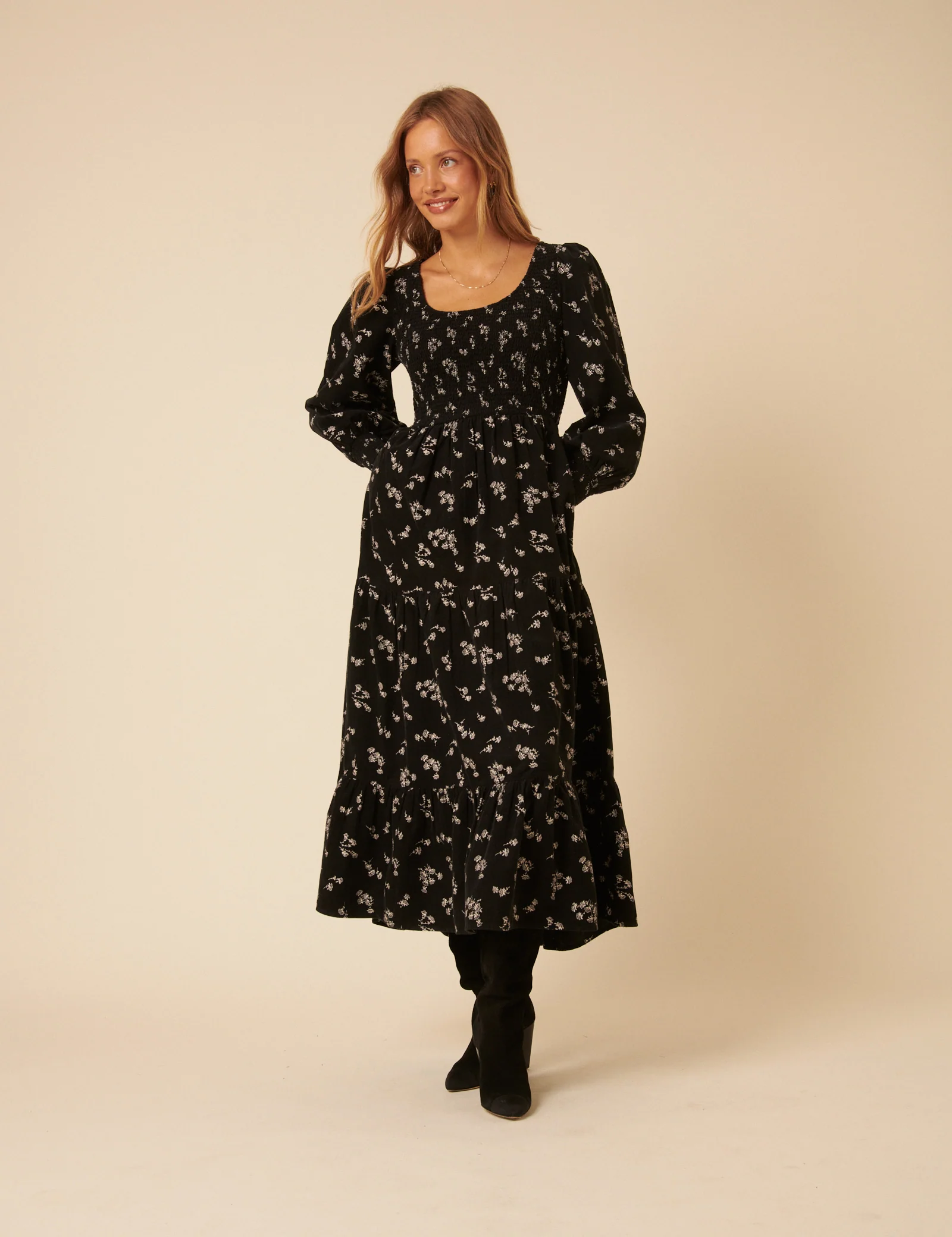 Black Floral Embroidered Cord Ruby Midi Dress
