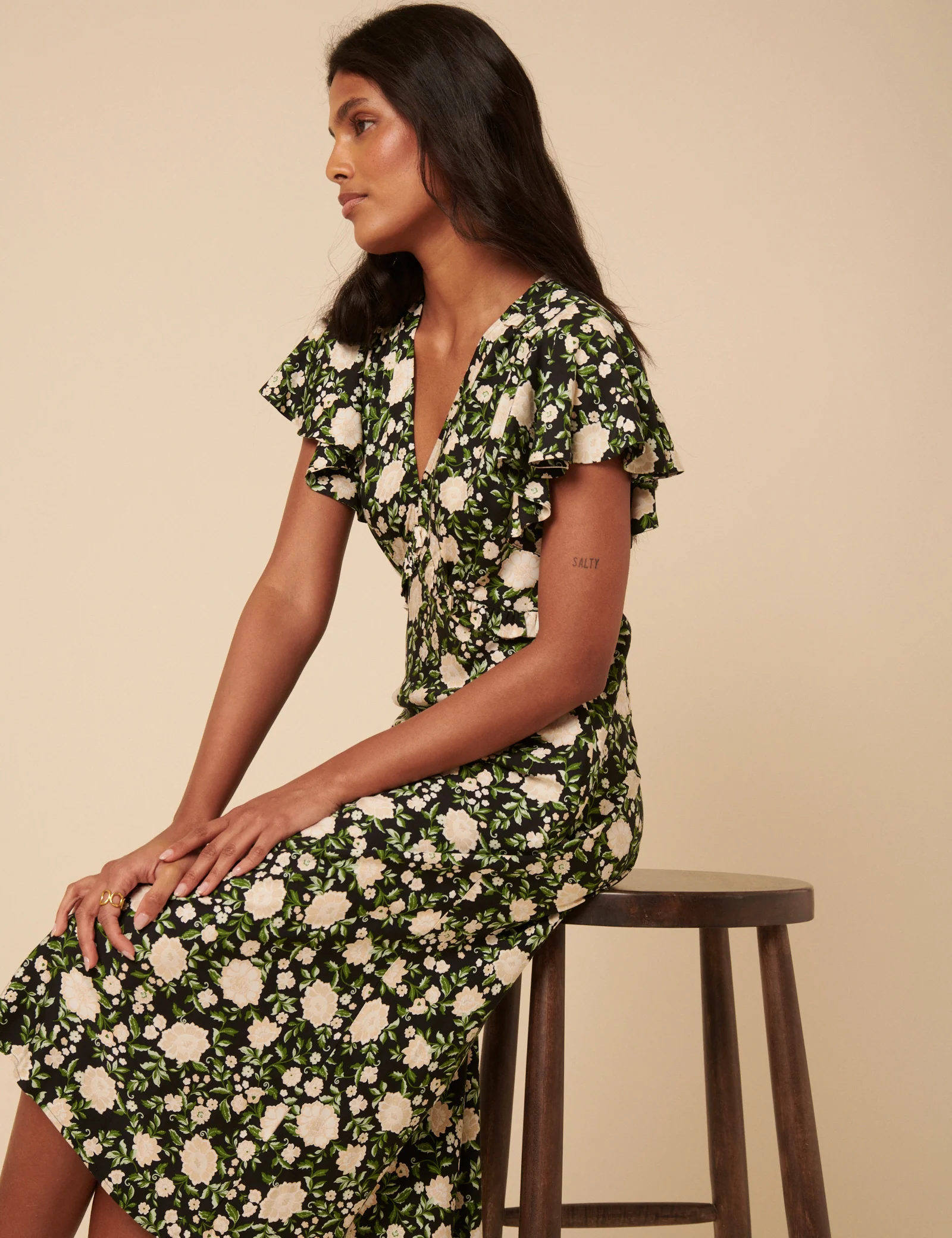 Black Floral Frill Sleeve Martha Midi Dress - Image 2