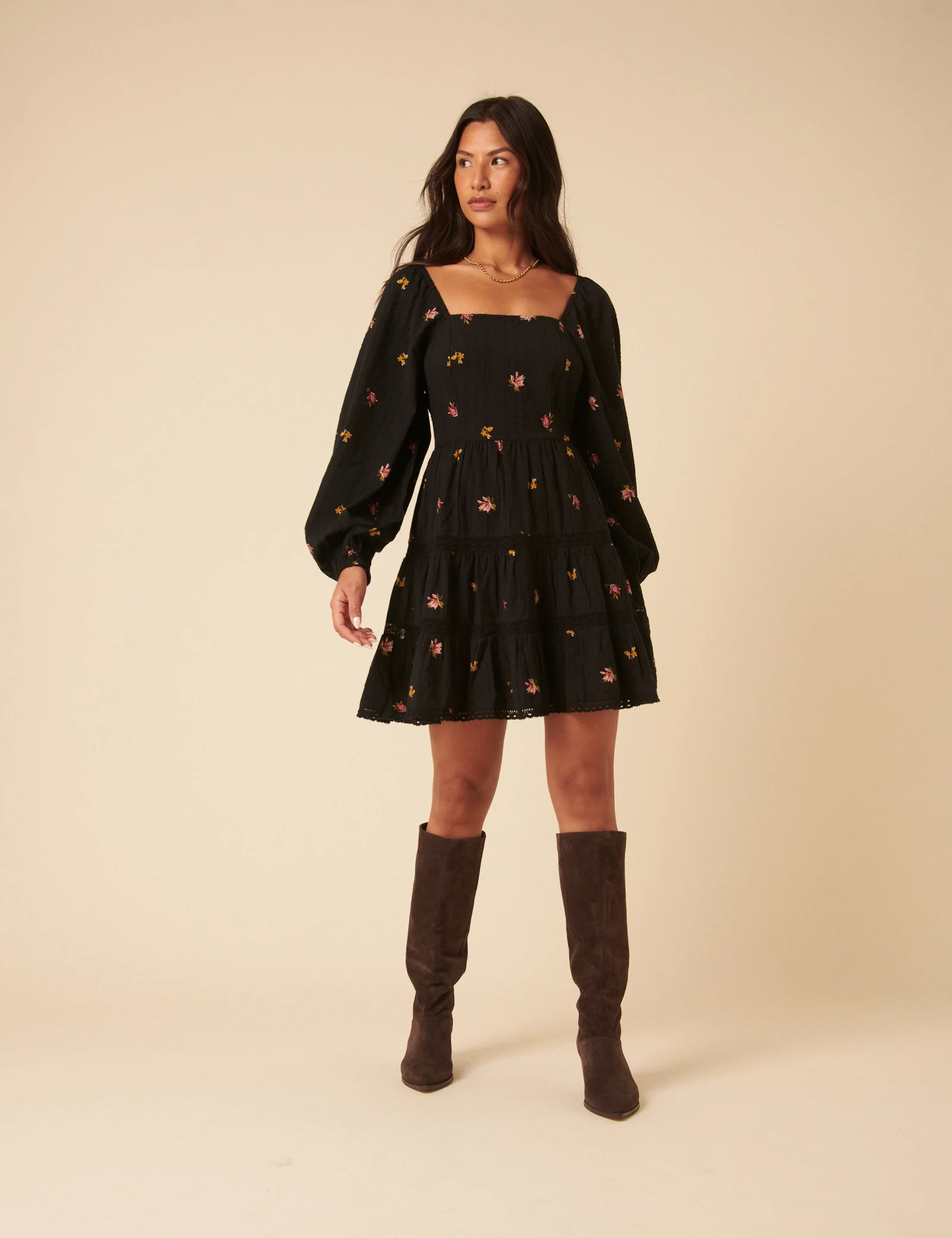 Black Floral Tiered Whitley Mini Dress