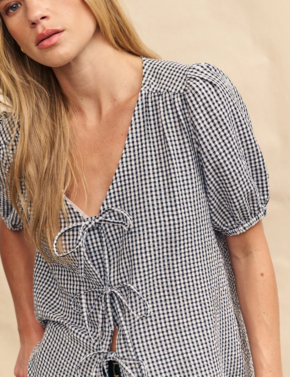 Black Gingham Tie Front Bernadetta Blouse - Image 2