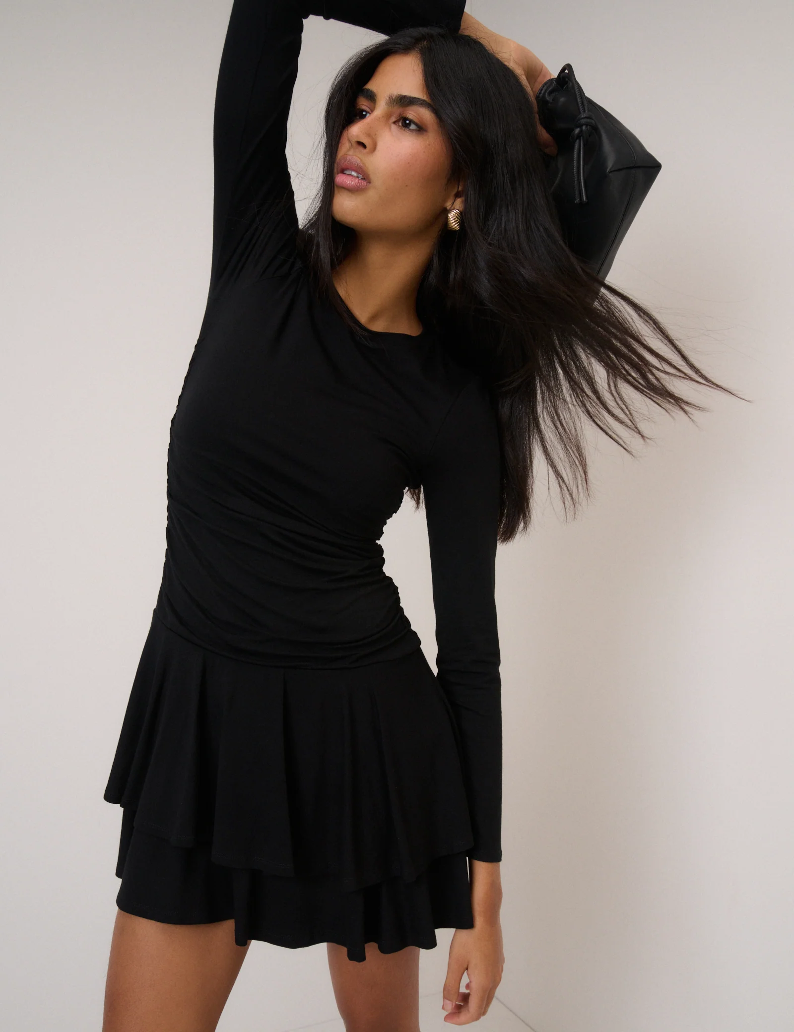 Black Long Sleeve Tiered Yuki Jersey Mini Dress