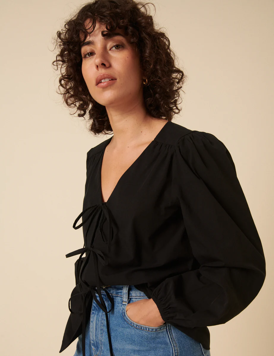 Black Tie-Front Long Sleeve Bernadetta Blouse - Image 2