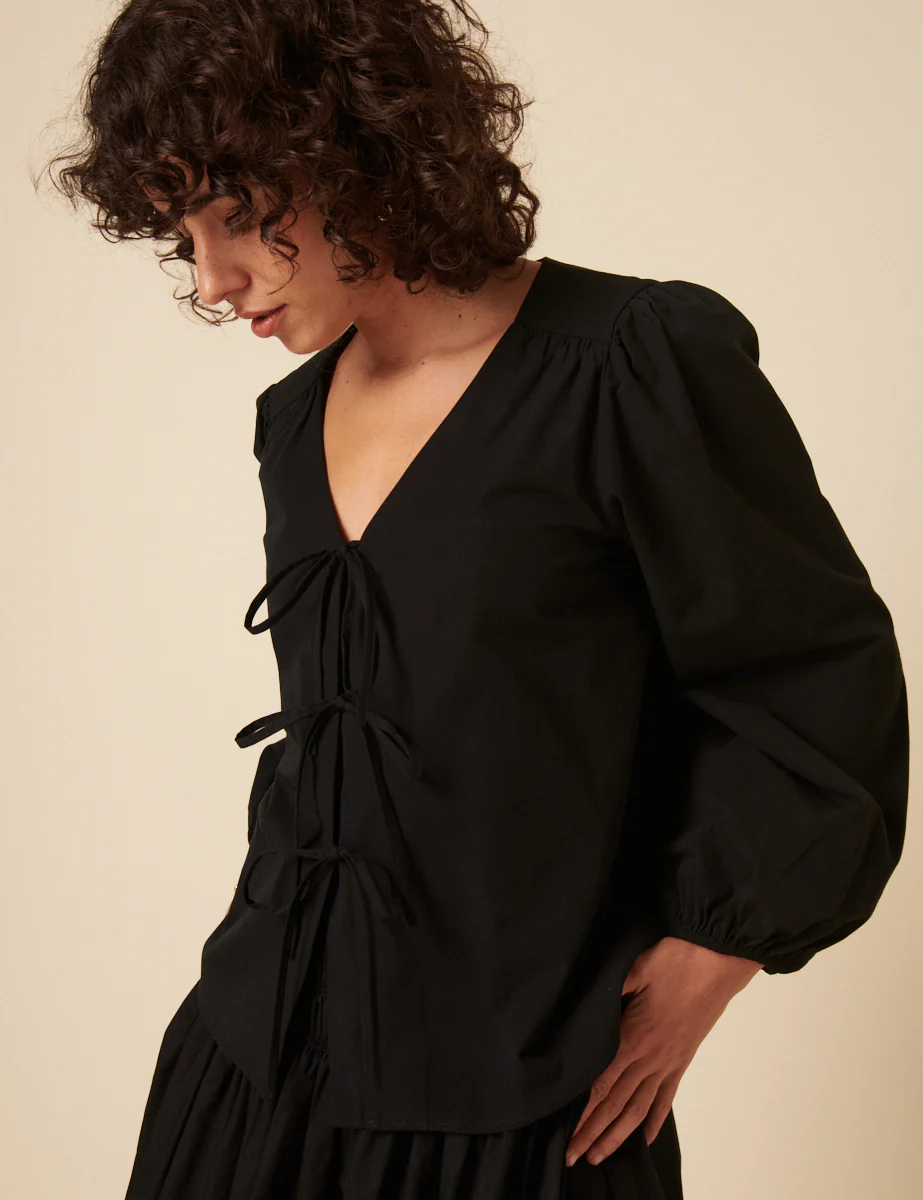 Black Tie-Front Long Sleeve Bernadetta Blouse - Image 3